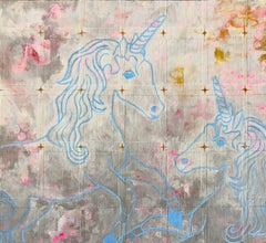 "Gladiadores Americanos", Contemporáneo, Unicornio, Azul, Rosa, Gris, Pintura Acrílica