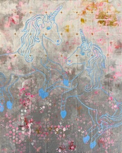 "American Gladiators", contemporain, licorne, bleu, rose, gris, peinture acrylique