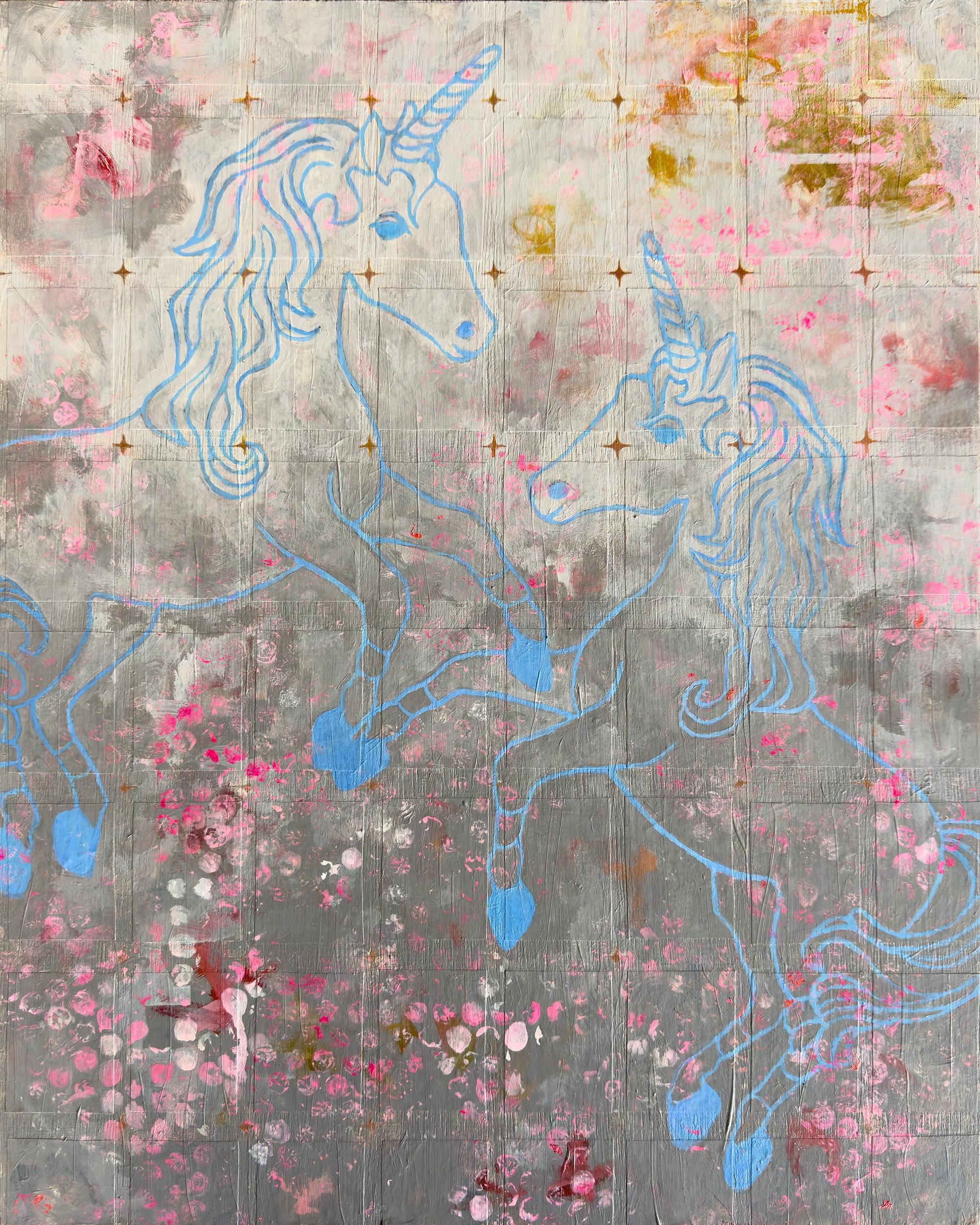 "American Gladiators", Zeitgenössisch, Einhorn, Blau, Rosa, Grau, Acrylmalerei – Painting von Sandra Cohen