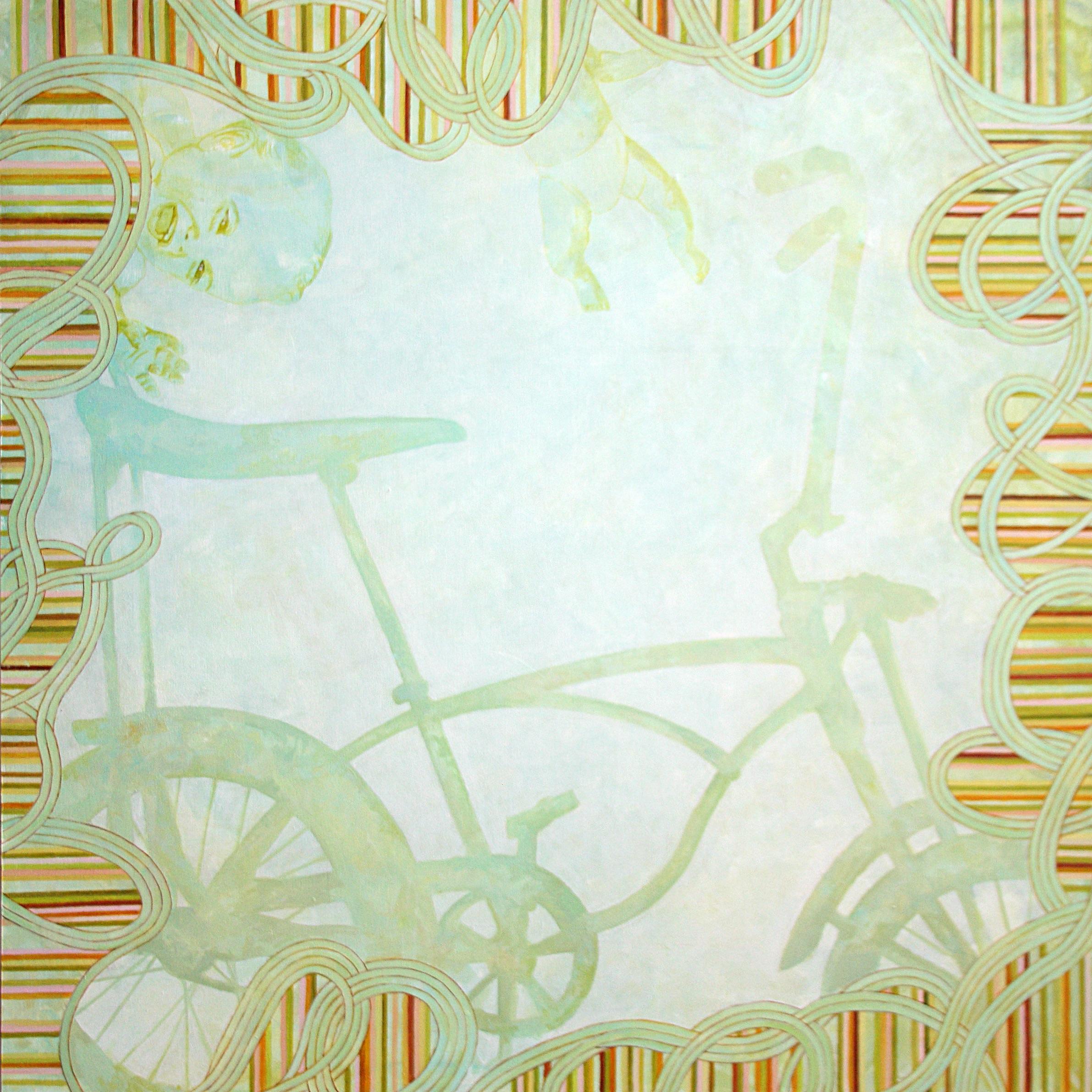 "Babies ate my Dingo", contemporary, cycle, green, pink, blue, acrylic painting - Painting by Sandra Cohen