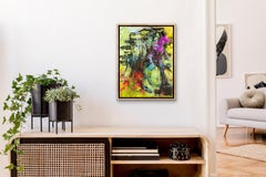 "Bellona", astratto, dai colori vivaci, verde, viola, rosso, nero, blu, dipinto acrilico