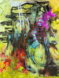 "Bellona", astratto, dai colori vivaci, verde, viola, rosso, nero, blu, dipinto acrilico