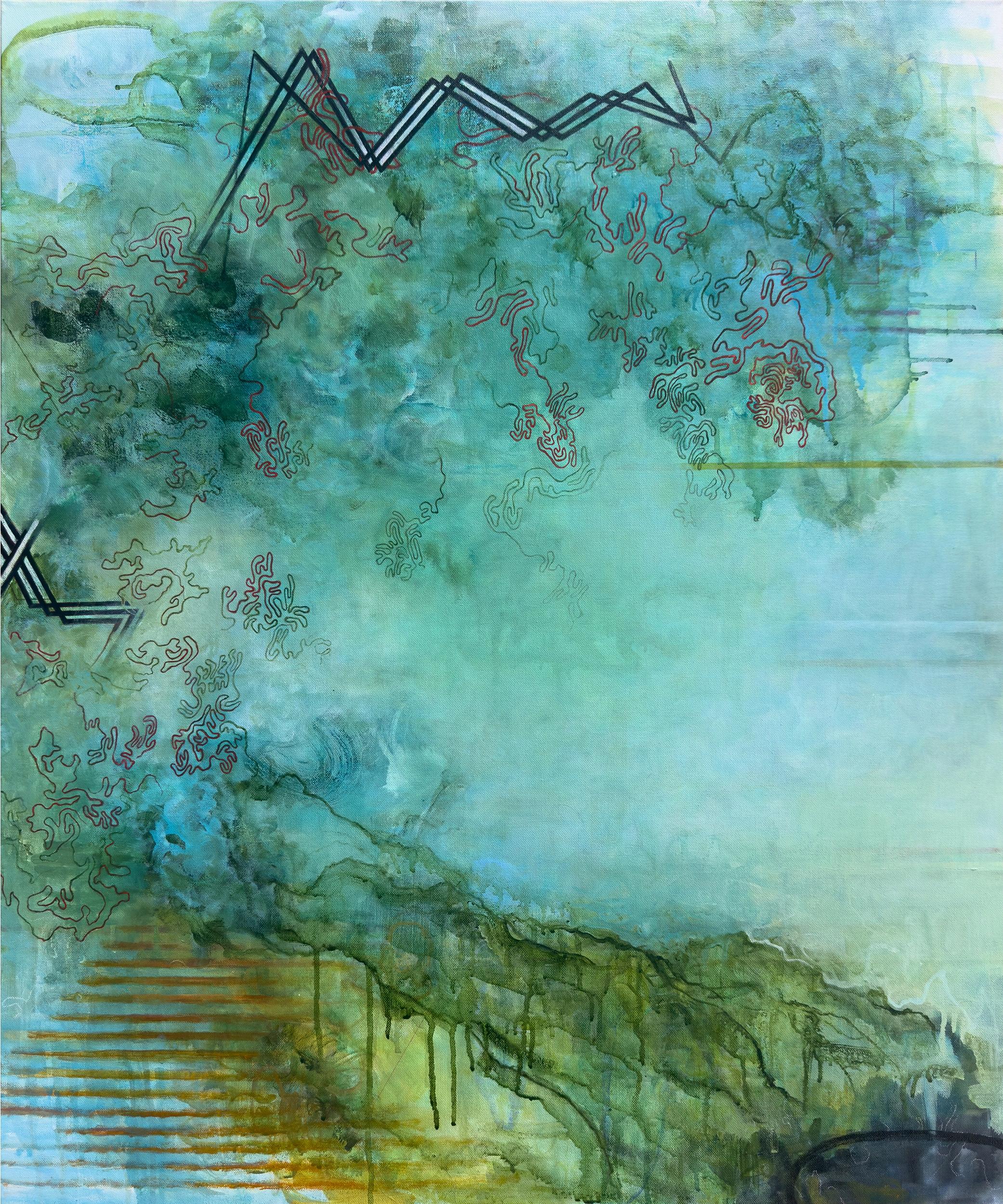 "Boomtown", Contemporain, Paysage, Bleu, Vert, Jaune, Peinture acrylique, 2025