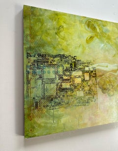 "Calistan", contemporain, femme, vert, rose, noir, rouge, peinture, technique mixte.