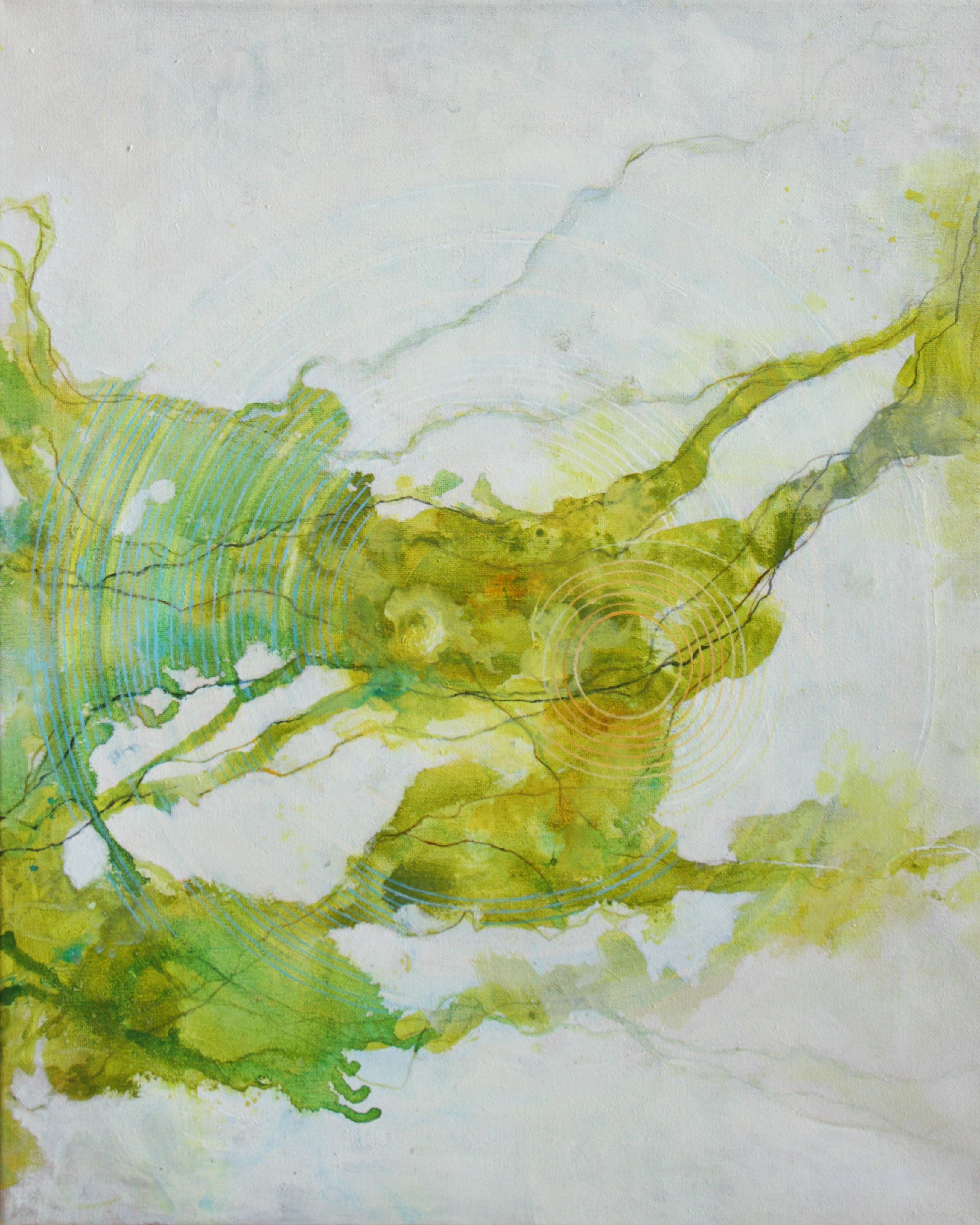 Sandra Cohen Abstract Painting - "Chicopee, MA", abstract, blue, green, yellow, white, acrylic painting