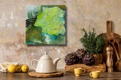 “Cloud Services”, Abstract, Acrylic Painting, Blue, Green, White, Red, Ochre