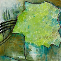 “Cloud Services”, Abstract, Acrylic Painting, Blue, Green, White, Red, Ochre