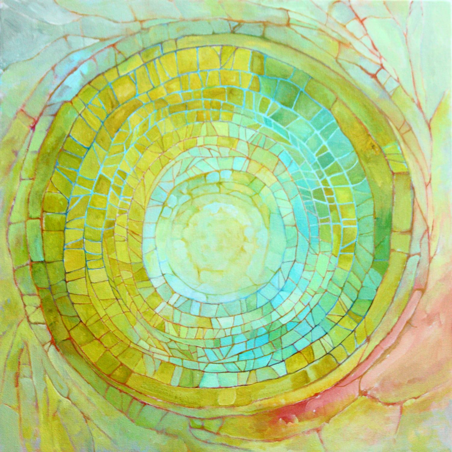 "death of a dragonfly", abstract, yellow, green, blue, pink, acrylic painting - Painting by Sandra Cohen