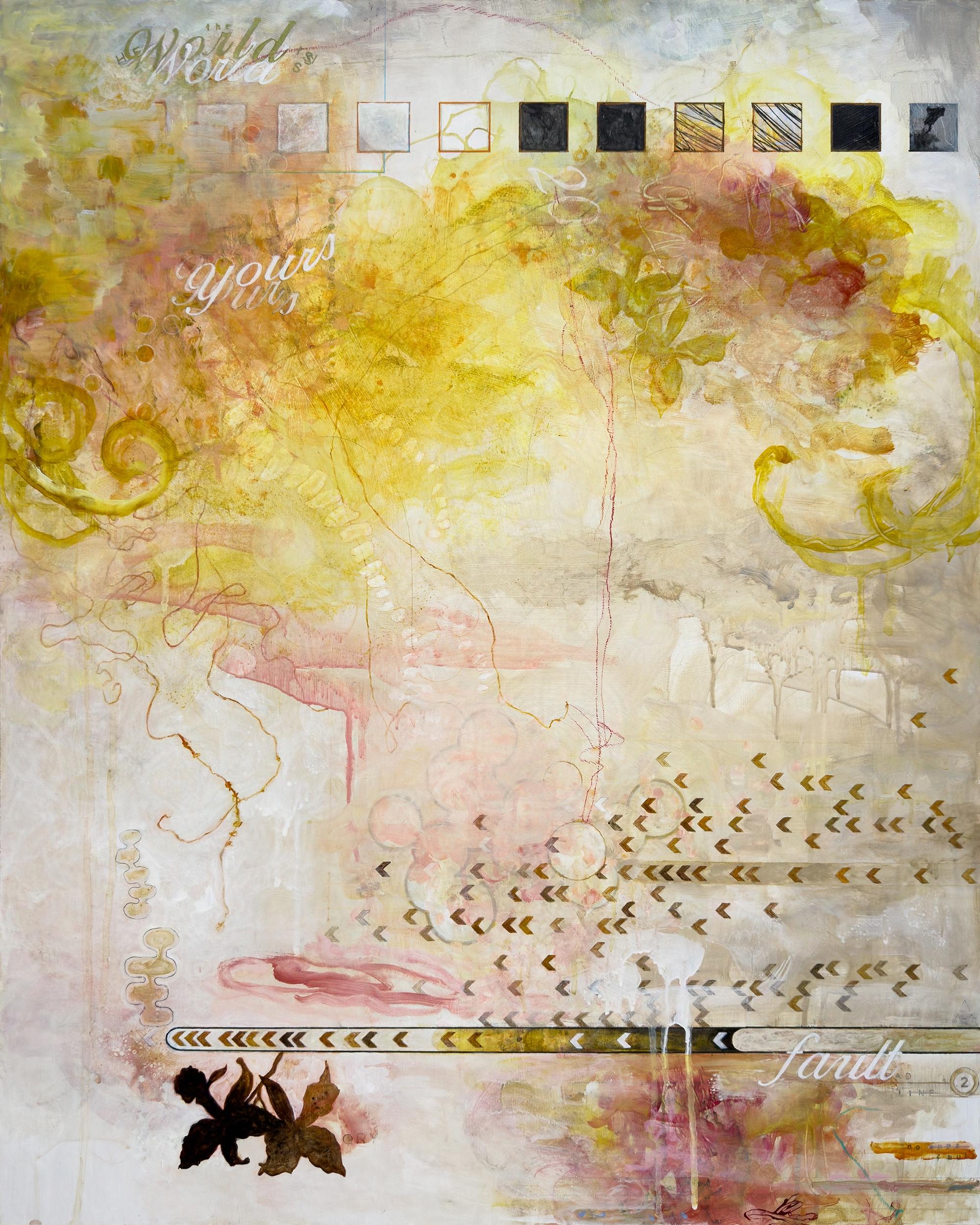 Abstract Painting Sandra Cohen - disinheritance, abstrait, jaune, rose, rouge, fleurs, peinture acrylique, 2024