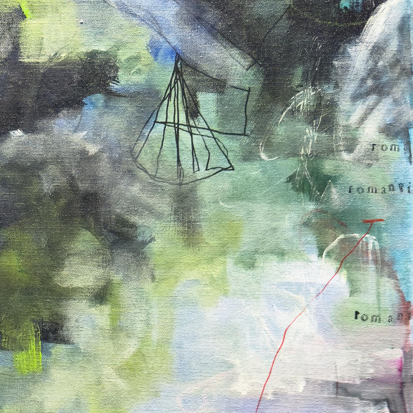 “Doomed Romantic”, abstract, blue, green, black, pink, white, acrylic painting - Painting by Sandra Cohen