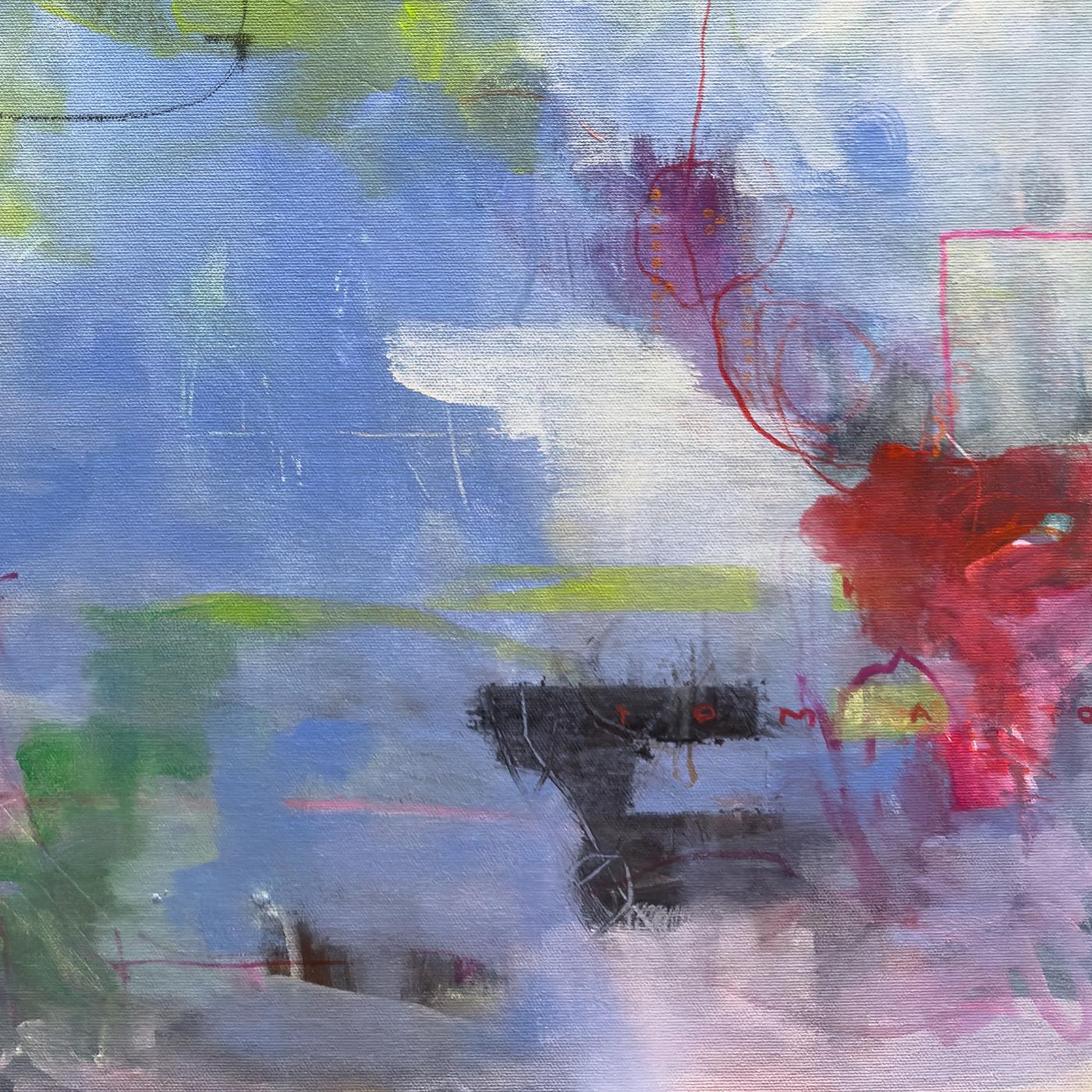 Sandra Cohen’s “Doomed Romantic” is a 30 x 24 x .25 inch abstract acrylic painting on canvas board, loosely painted in blue, green, black, pink, red, and white. Stormy shapes of black and green descend through areas of eroded and garbled text into a
