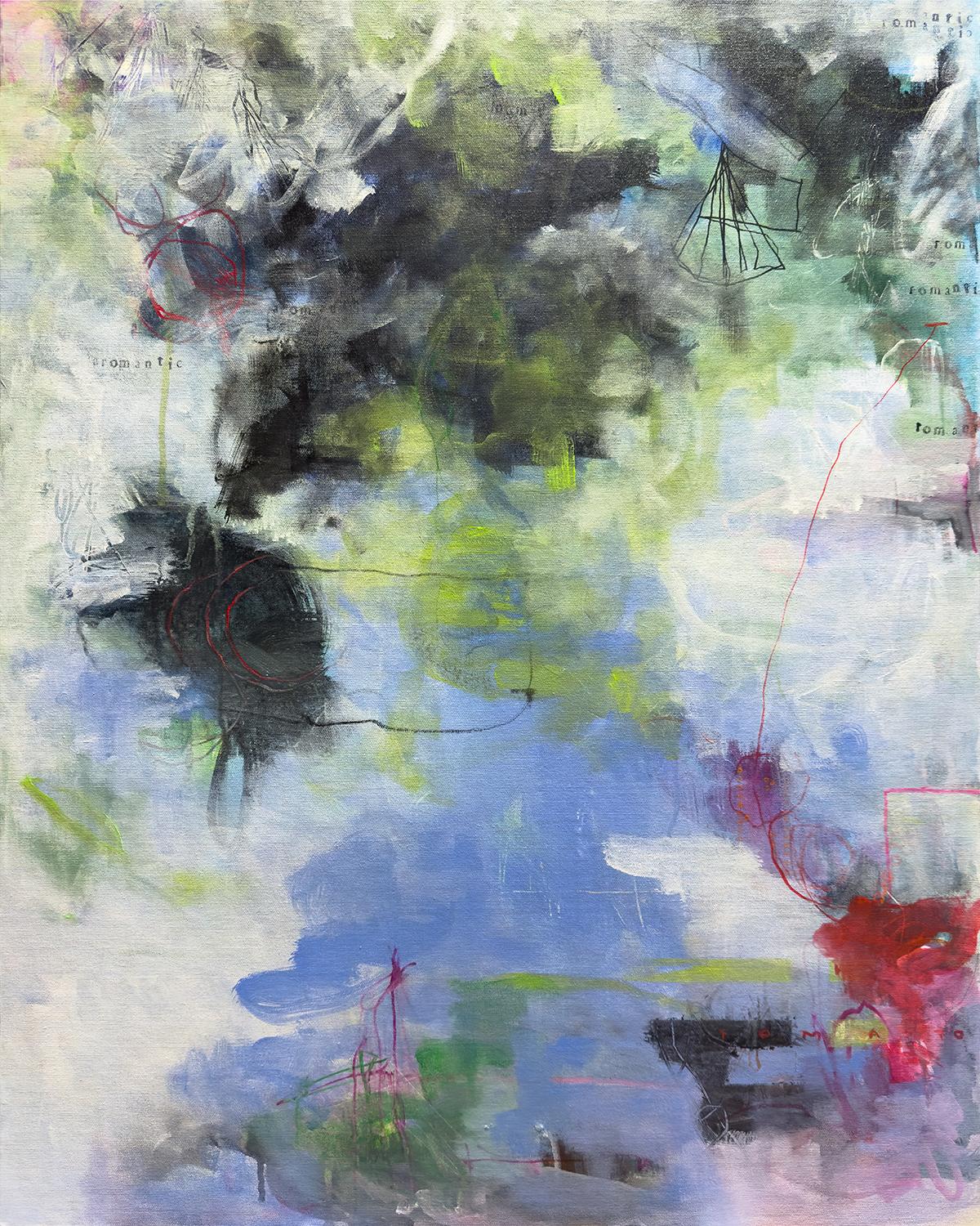 Sandra Cohen Abstract Painting - “Doomed Romantic”, abstract, blue, green, black, pink, white, acrylic painting