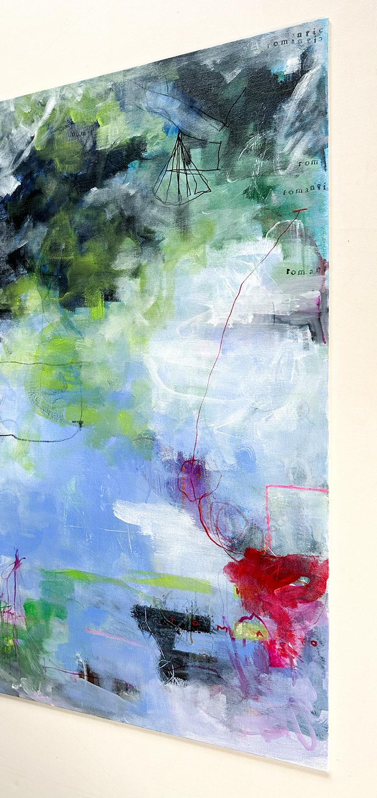 “Doomed Romantic”, abstract, blue, green, black, pink, white, acrylic painting For Sale 2