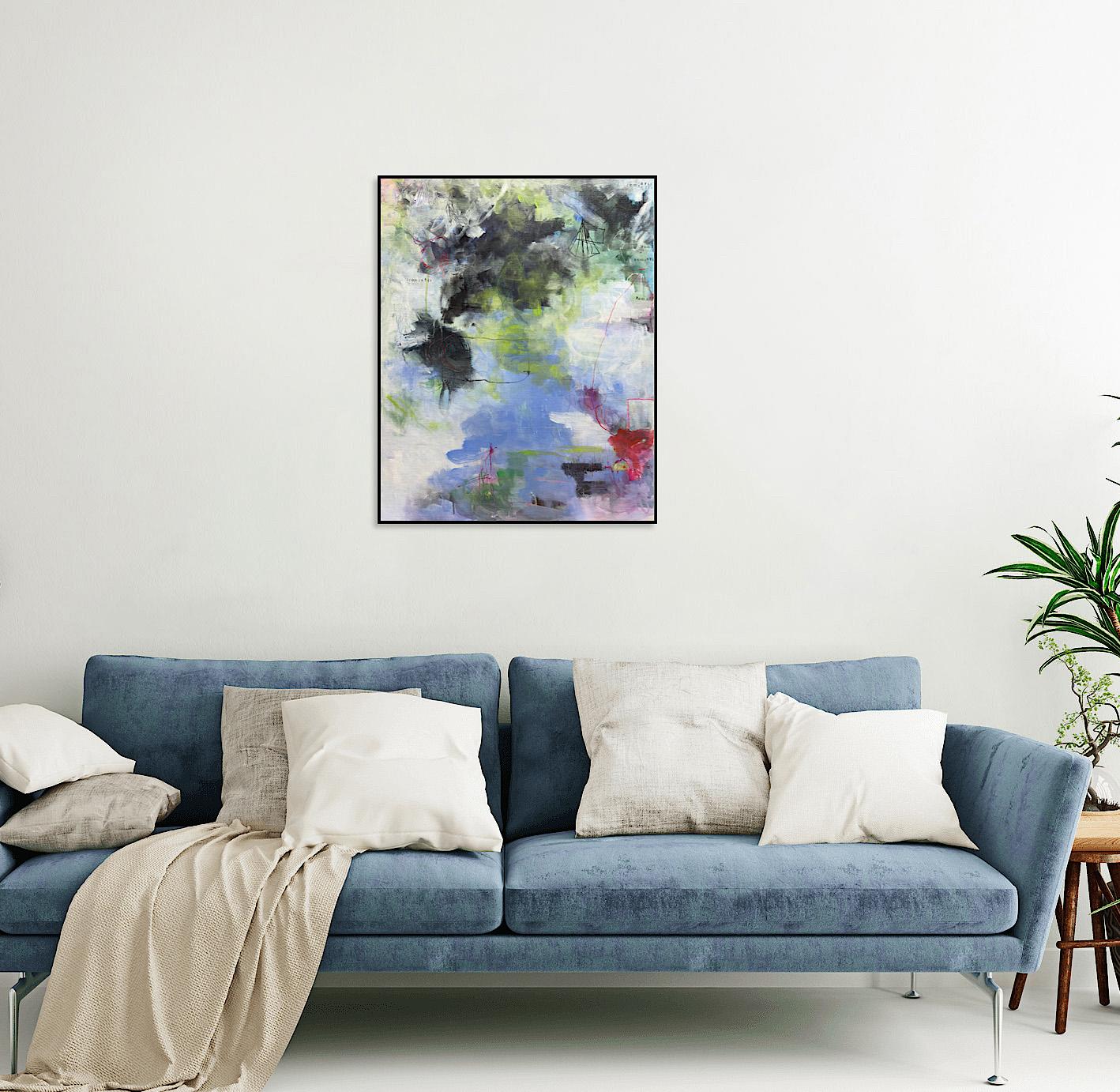 “Doomed Romantic”, abstract, blue, green, black, pink, white, acrylic painting For Sale 5