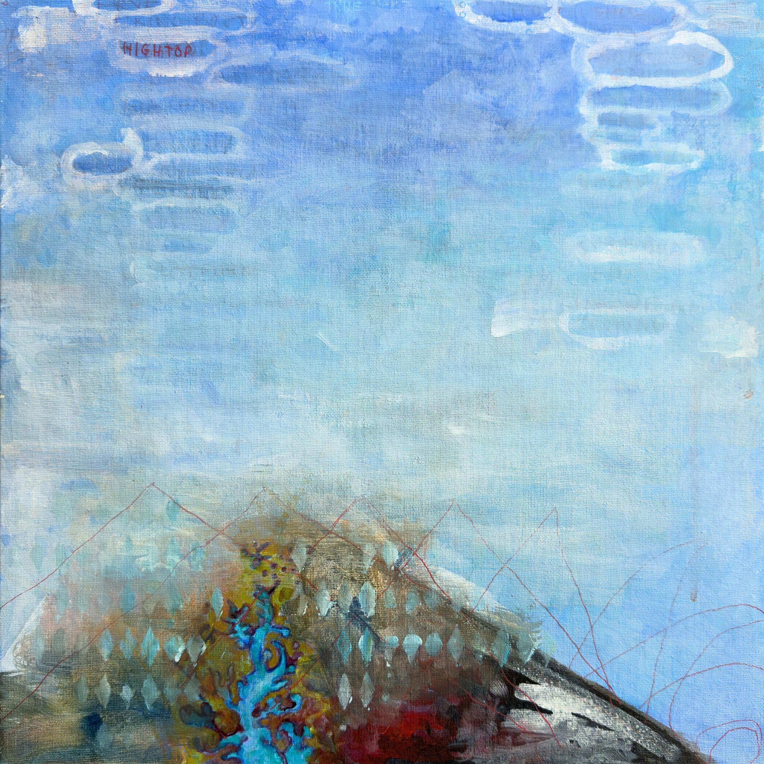 Sandra Cohen’s “flow chart” is a 12 x 12 x .25 inch abstract landscape painting on canvas board, in luminous cobalt blue, white, gold and black. A mountain at the bottom seems to tip over as a wave over-drawn in red lines moves from left to right as