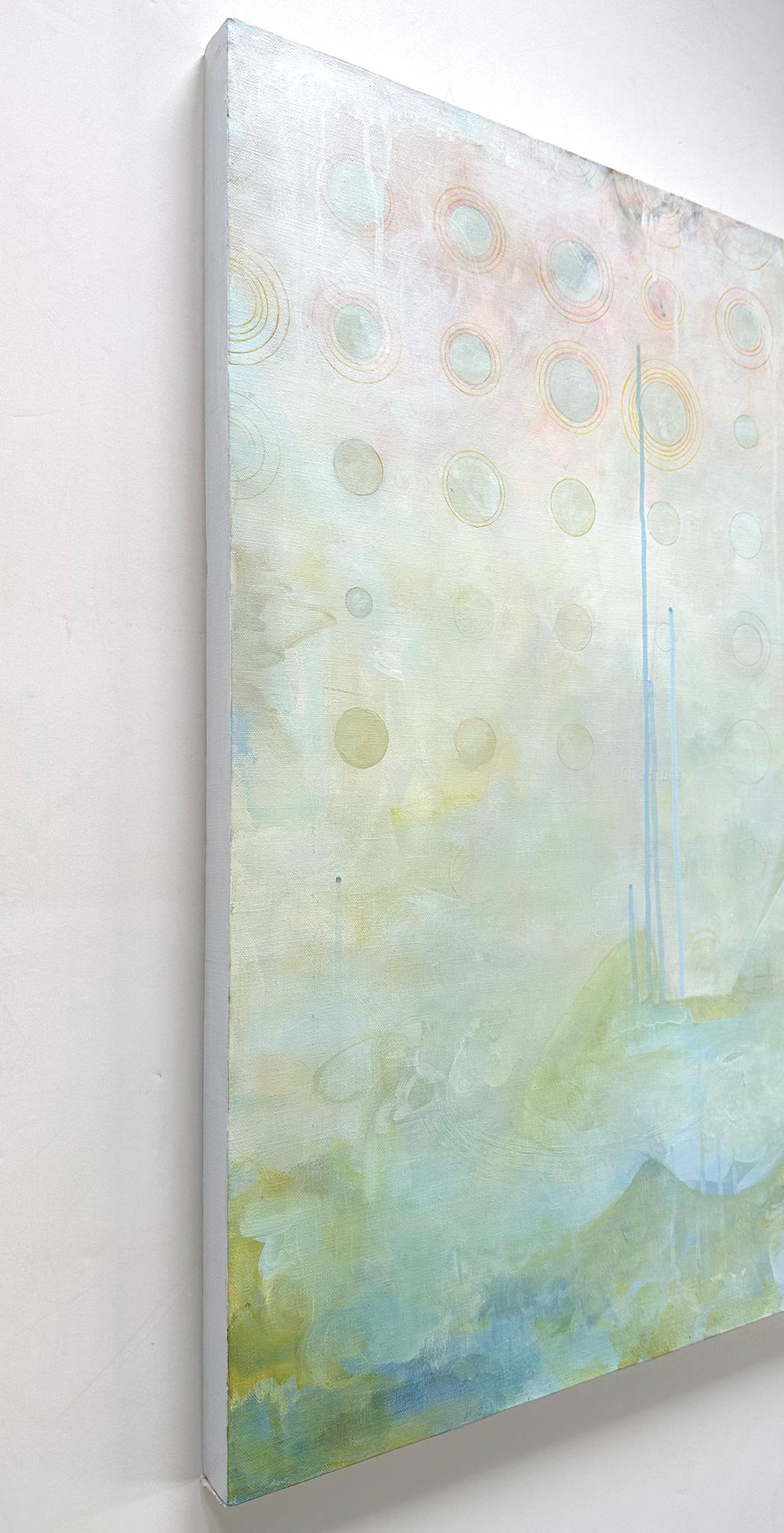 Sandra Cohen’s “Hi-hat Kabbalah” is a 30 x 24 x 1.5 inch acrylic painting on canvas, painted loosely in a light spring palette of blue, green, pink, and white, with sharp concentric circles fading into the center from the top. Where sky meets water