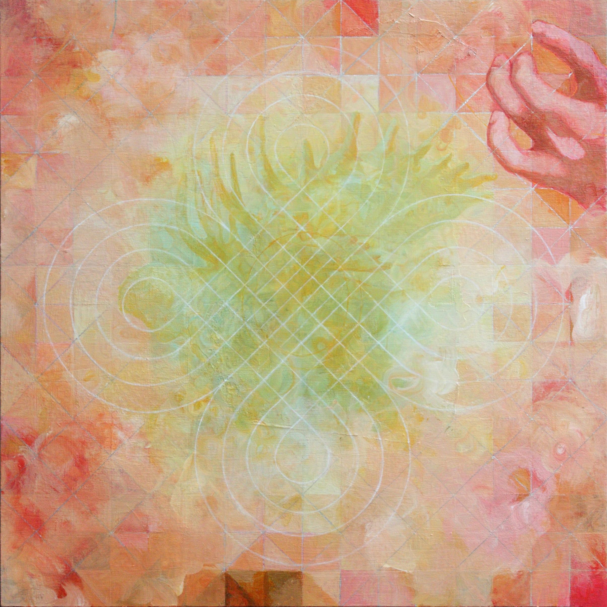 "hindbrain", zeitgenössisch, hand, geweih, rosa, rot, grün, Acrylmalerei