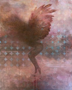 “Horus", Contemporary Woman Stars Wings Pink Brown Blue Mauve Acrylic Painting