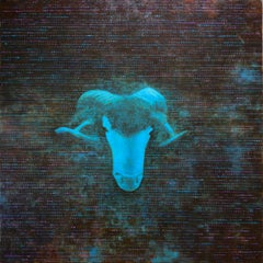 “Ho dimenticato il tuo nome”, Dipinto acrilico contemporaneo con animali, stelle blu e marroni e pois