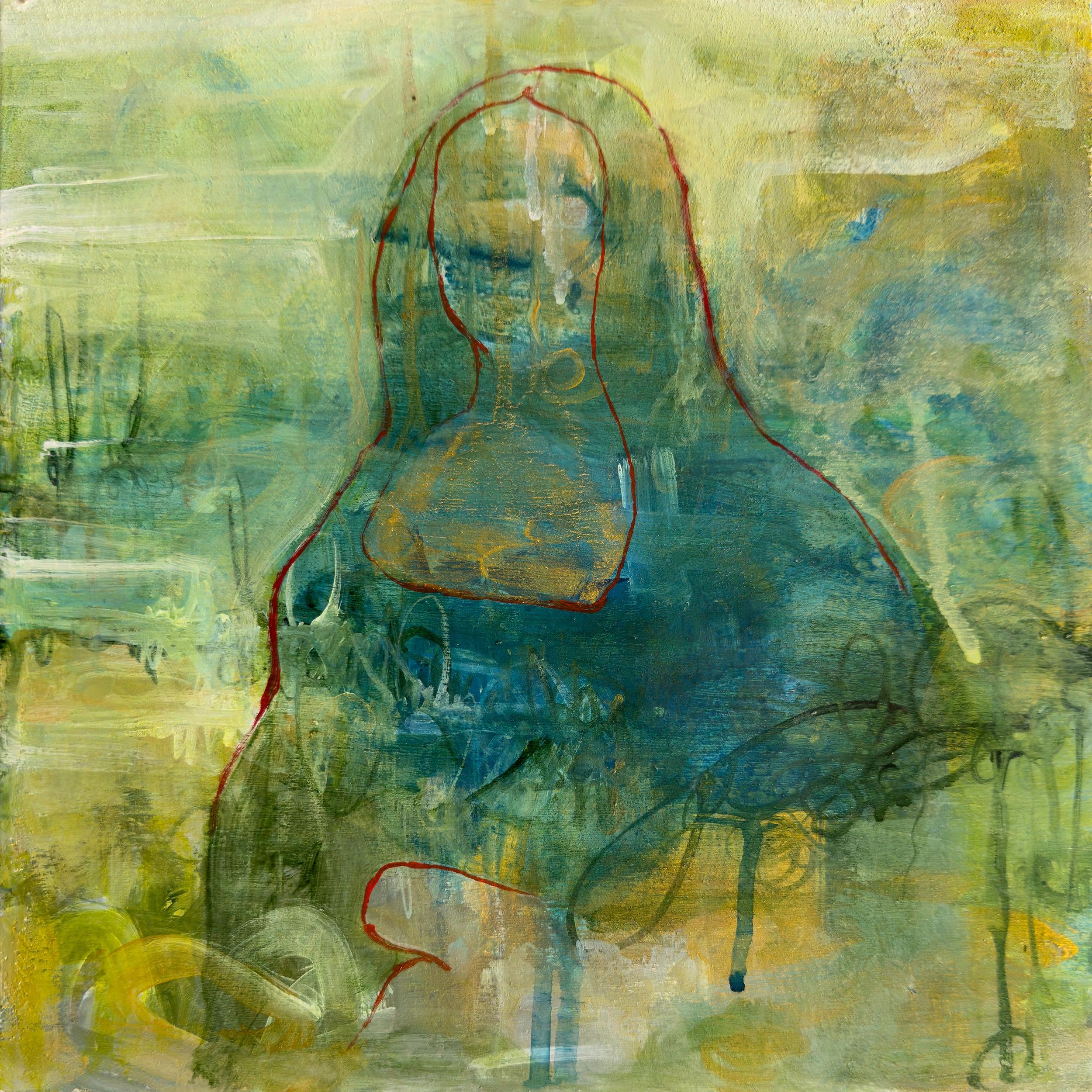 Abstract Painting Sandra Cohen - "I'm not here 2", Abstrait, Bleu, Vert, Jaune, Mona Lisa, Peinture acrylique