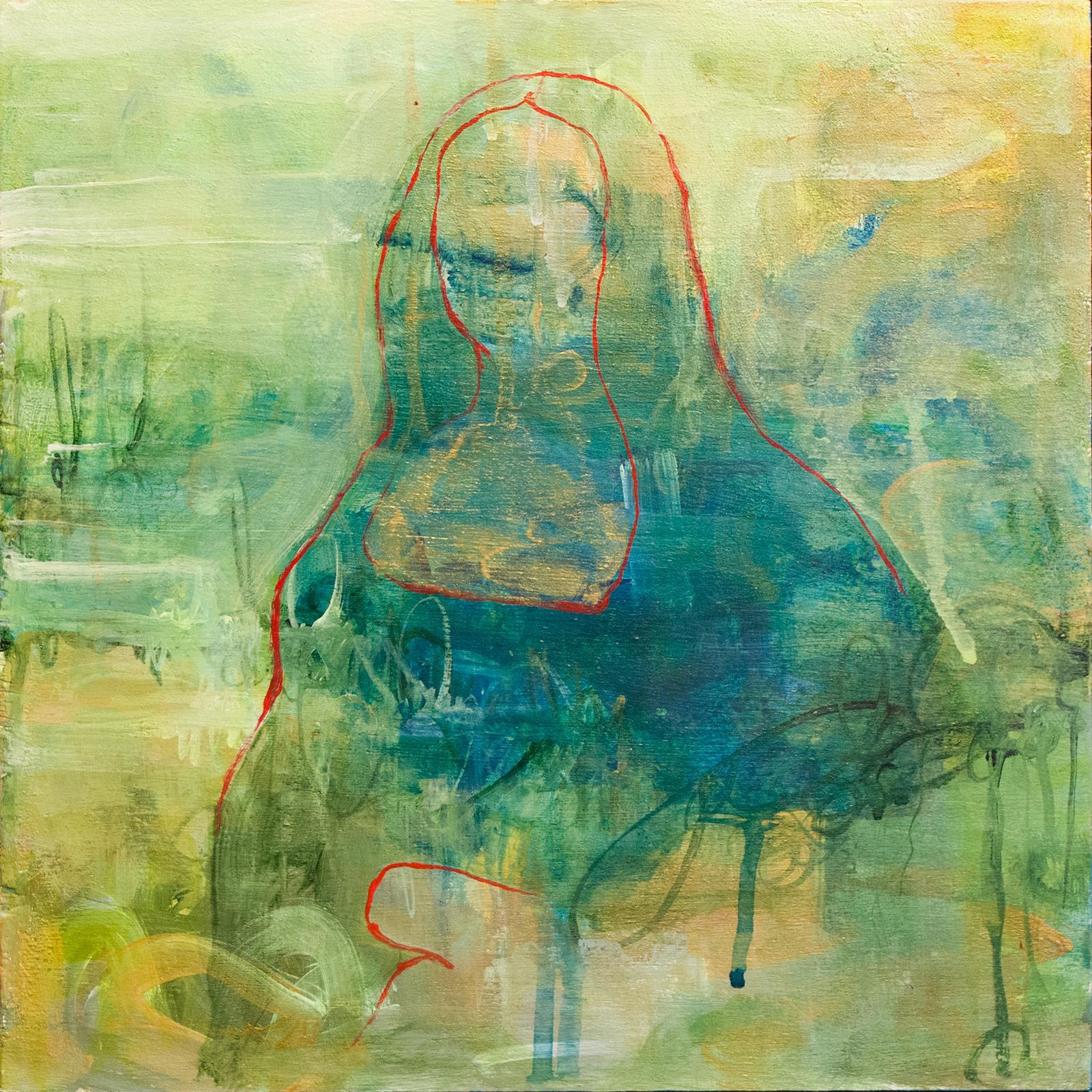 Sandra Cohen Abstract Painting - "I'm not here 2", abstract, blue, green, yellow, Mona Lisa, acrylic painting