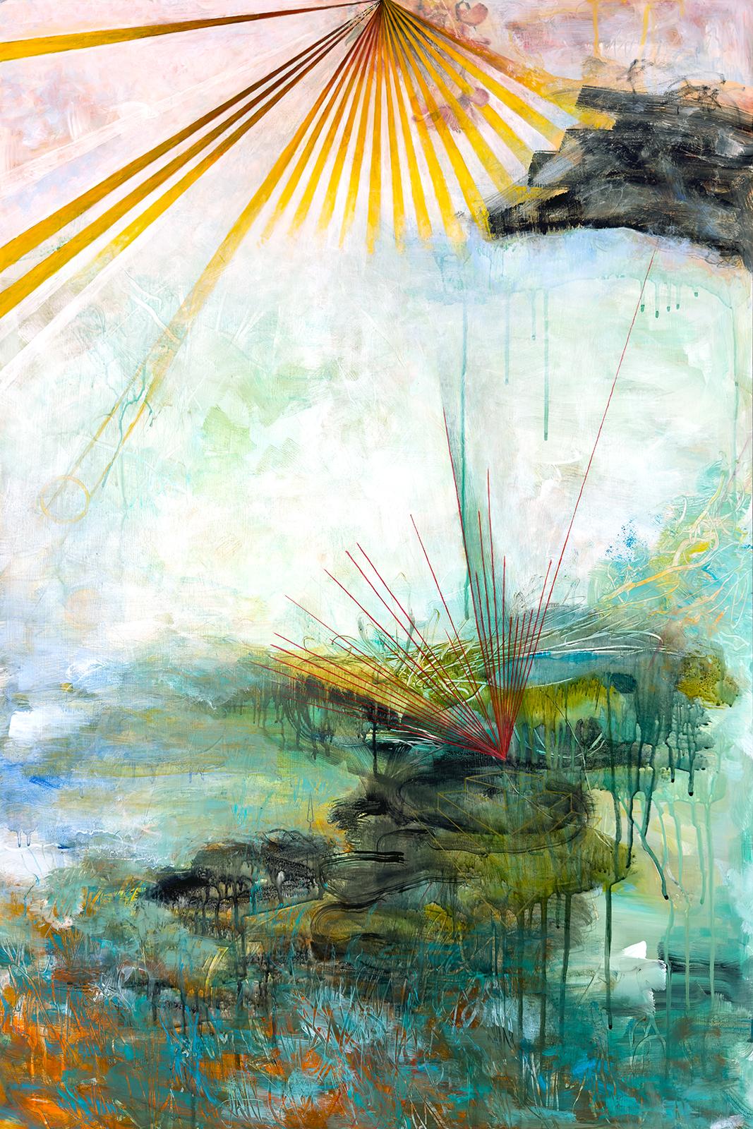 Sandra Cohen Abstract Painting - “Ixiptla”, 36 x 24 x .25, acrylic and mixed media on tempered hardboard