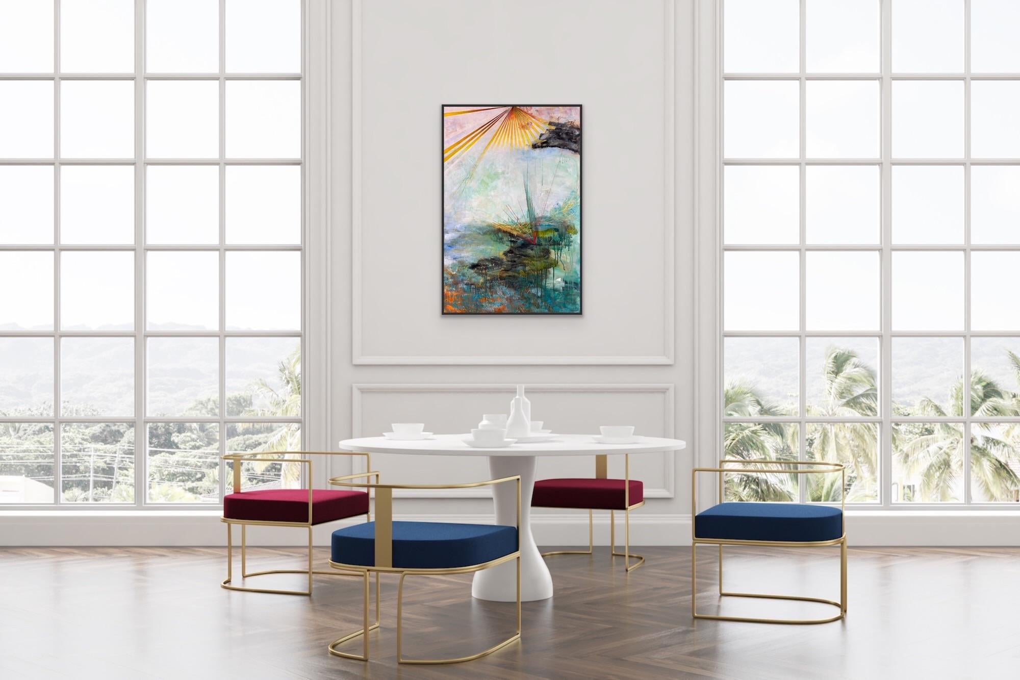 “Ixiptla”, Abstract Landscape, Blue, Green, Red, Orange, Acrylic, Mixed Media For Sale 5