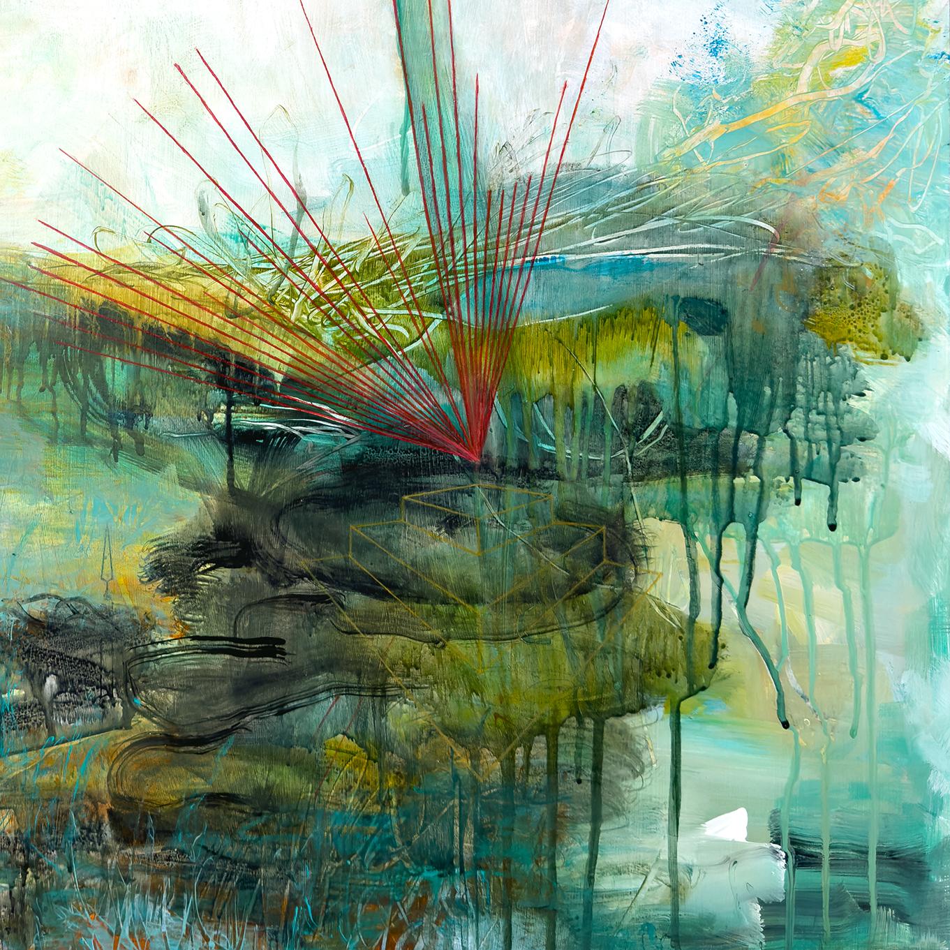 “Ixiptla”, Abstract Landscape, Blue, Green, Red, Orange, Acrylic, Mixed Media - Contemporary Painting by Sandra Cohen