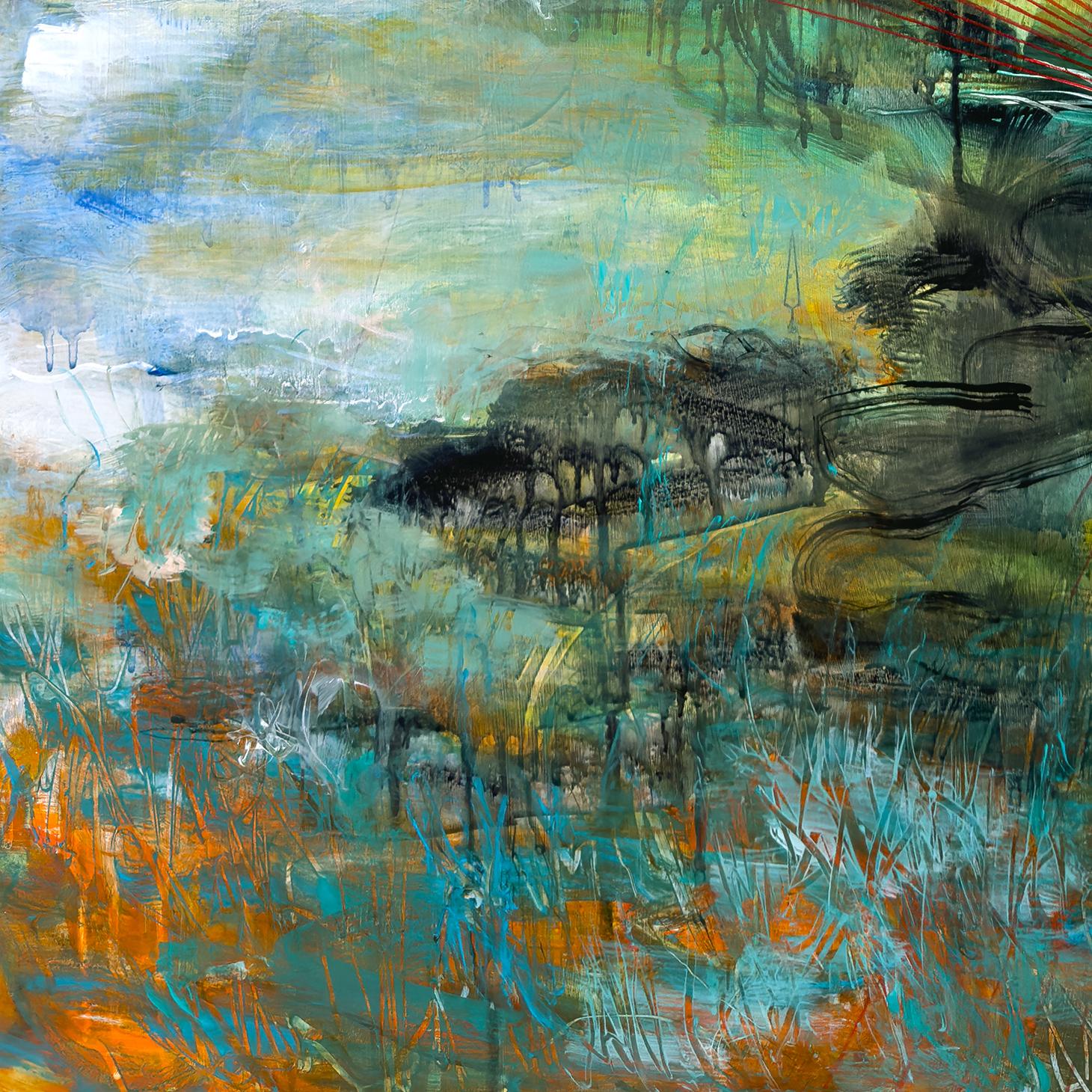 “Ixiptla”, Abstract Landscape, Blue, Green, Red, Orange, Acrylic, Mixed Media - Gray Abstract Painting by Sandra Cohen