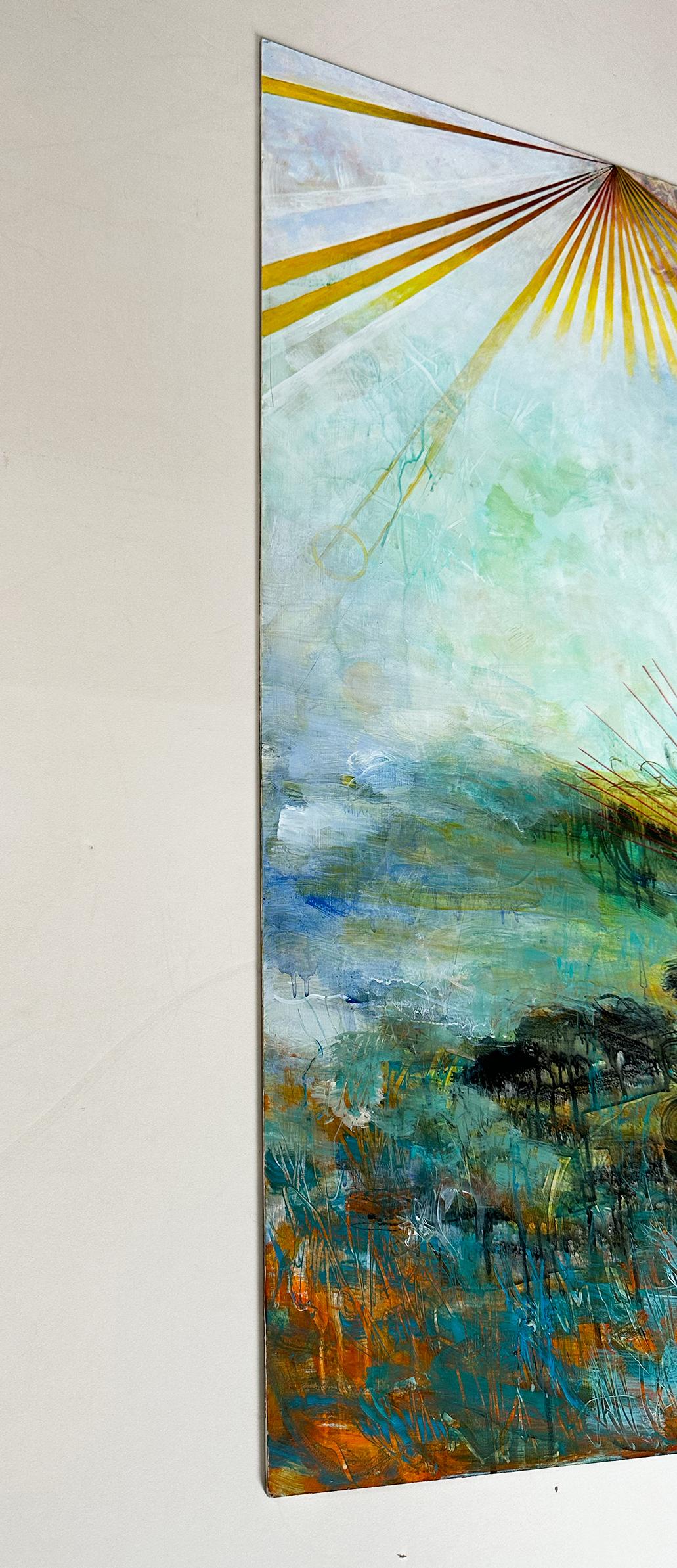 Sandra Cohen’s “Ixiptla” was inspired by a dream of simultaneous annihilation and exhilaration. It is a 36 x 24 x .25 inch acrylic and mixed media painting on tempered hardwood, in luscious tones of green, blue, orange, yellow, pink and black. Over