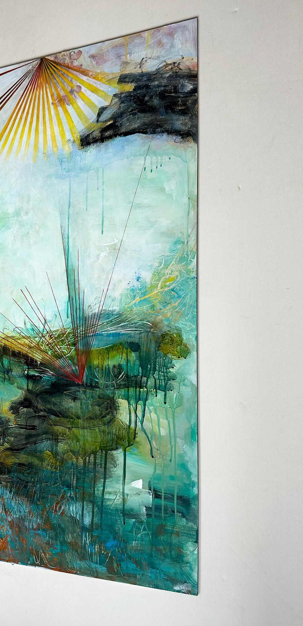 “Ixiptla”, Abstract Landscape, Blue, Green, Red, Orange, Acrylic, Mixed Media For Sale 1