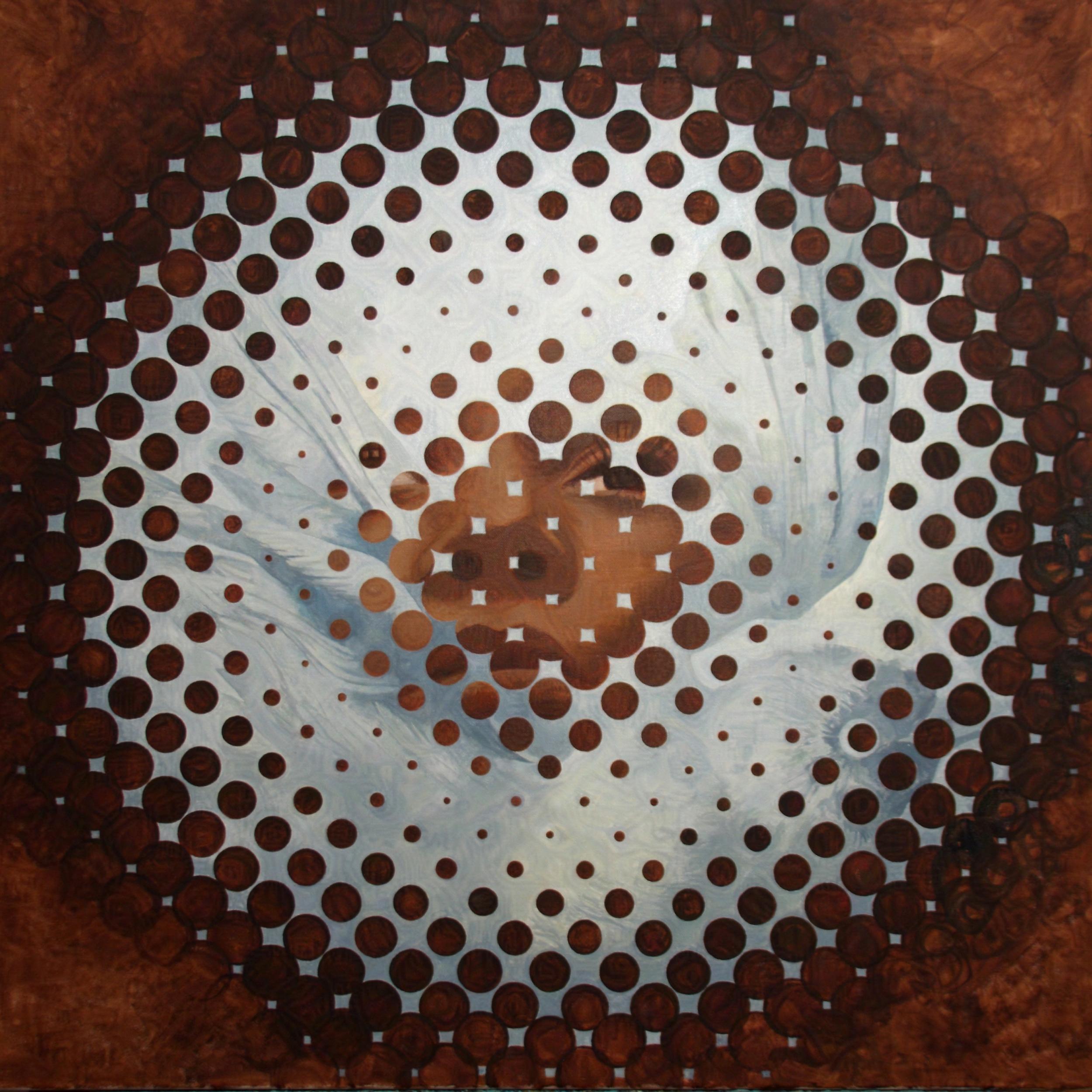 "Kilroy", Contemporaneo, Ritratto, Marrone, Grigio, Blu, Geometrico, Pittura acrilica - Painting di Sandra Cohen