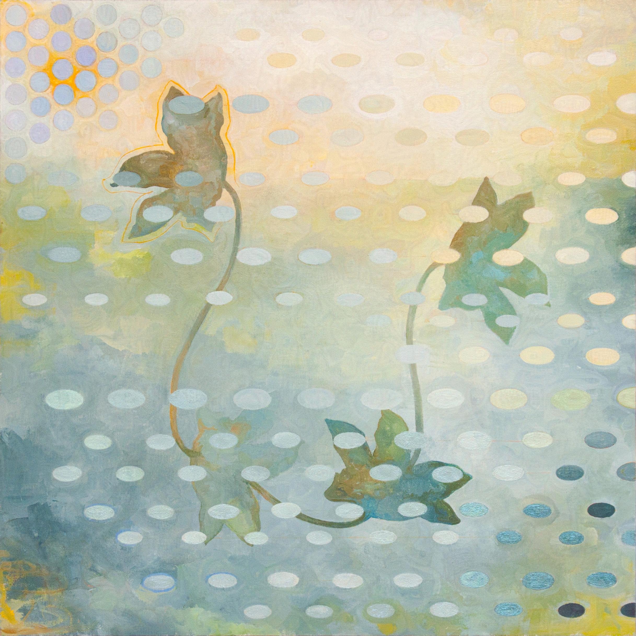 "lilies", contemporain, paysage, fleurs, bleu, jaune, peinture acrylique