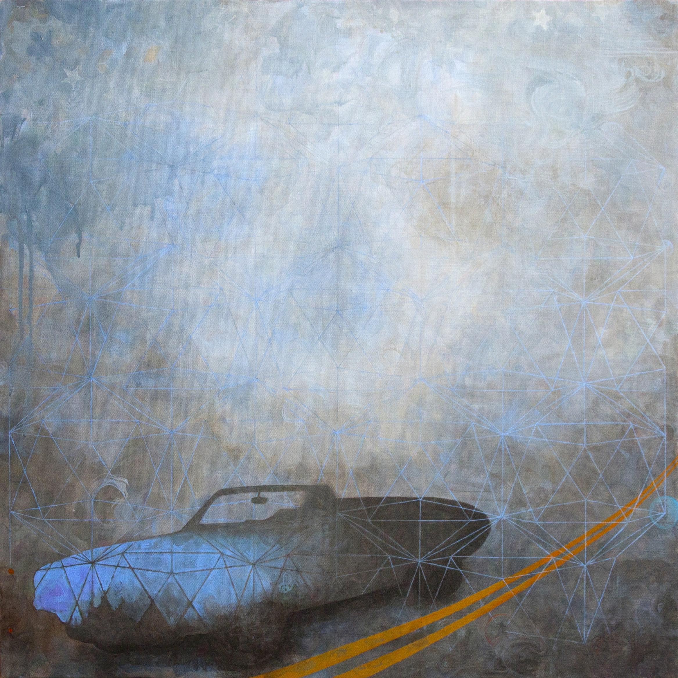 Sandra Cohen Abstract Painting – "Mr. Jones, abstrakt, Landschaft, Blau, Auto, Muster, Quadrat, Acrylgemälde