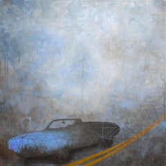 "M. Jones, abstrait, paysage, bleu, voiture, motif, carré, peinture acrylique