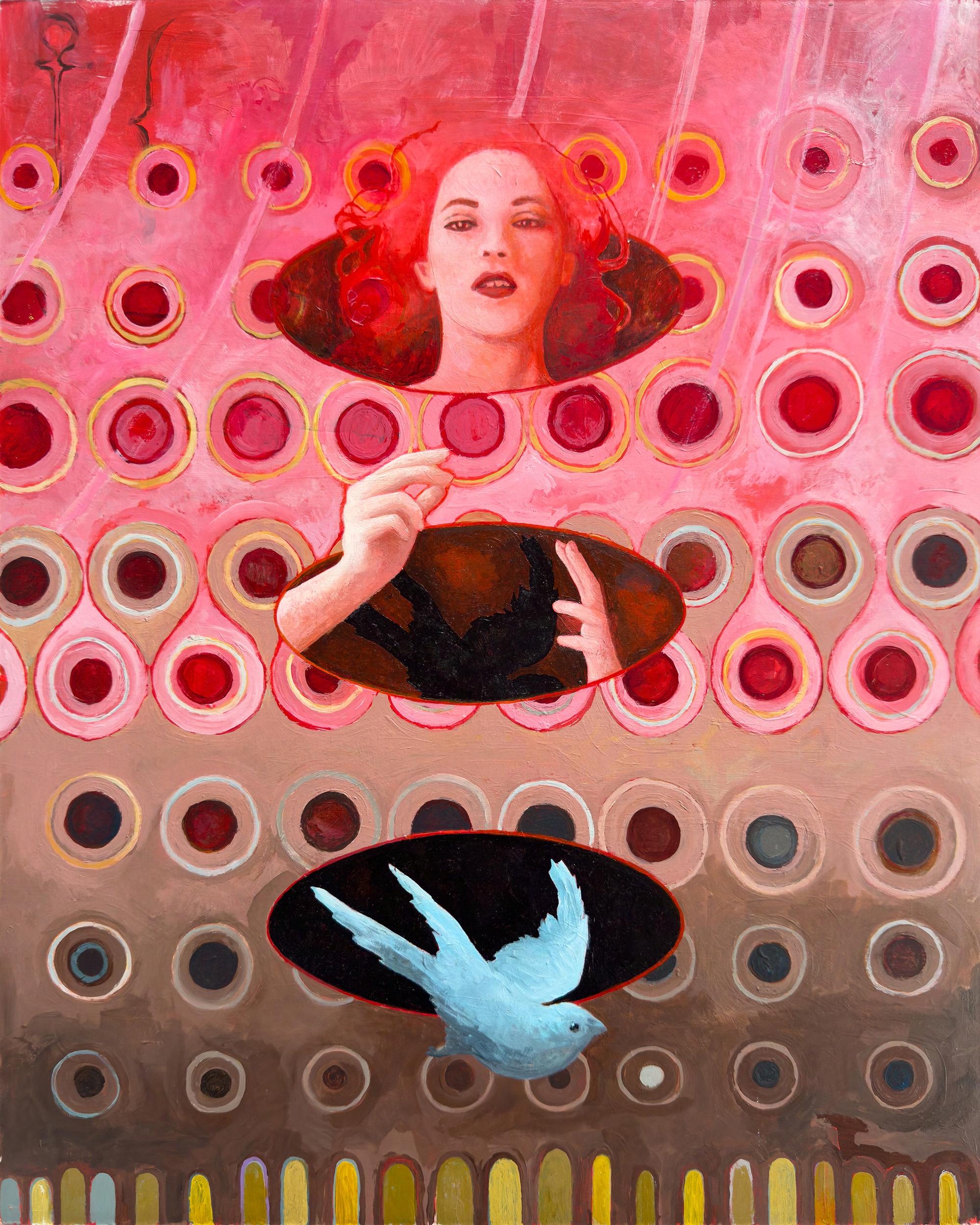 “Prime”, Contemporary, Woman, Bird, Pattern, Pink, Blue, Brown, Acrylic Painting
