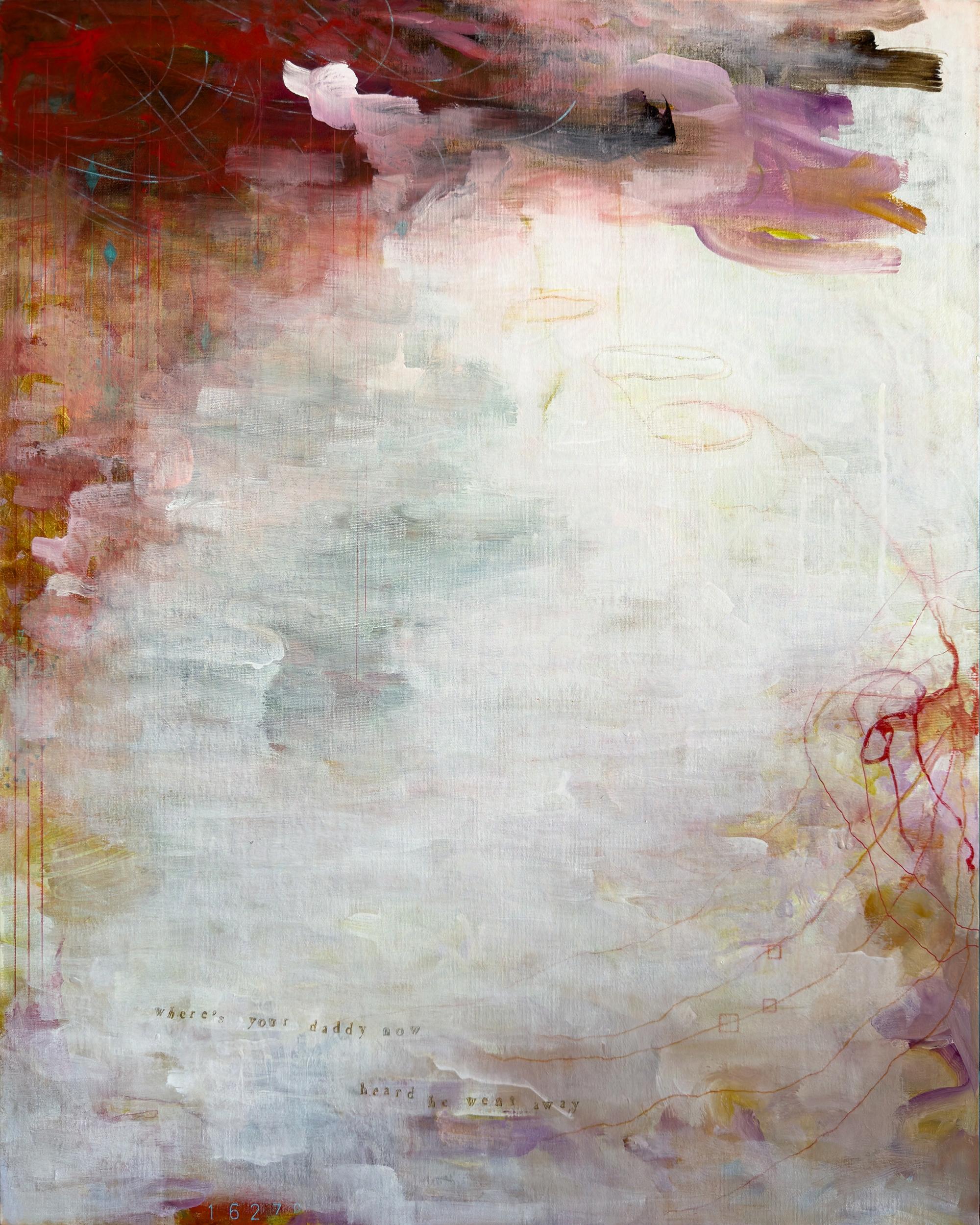 Sandra Cohen Portrait Painting – "Regular John", Abstrakt, Porträt, Rot, Creme, Lila, Blau, Acrylmalerei