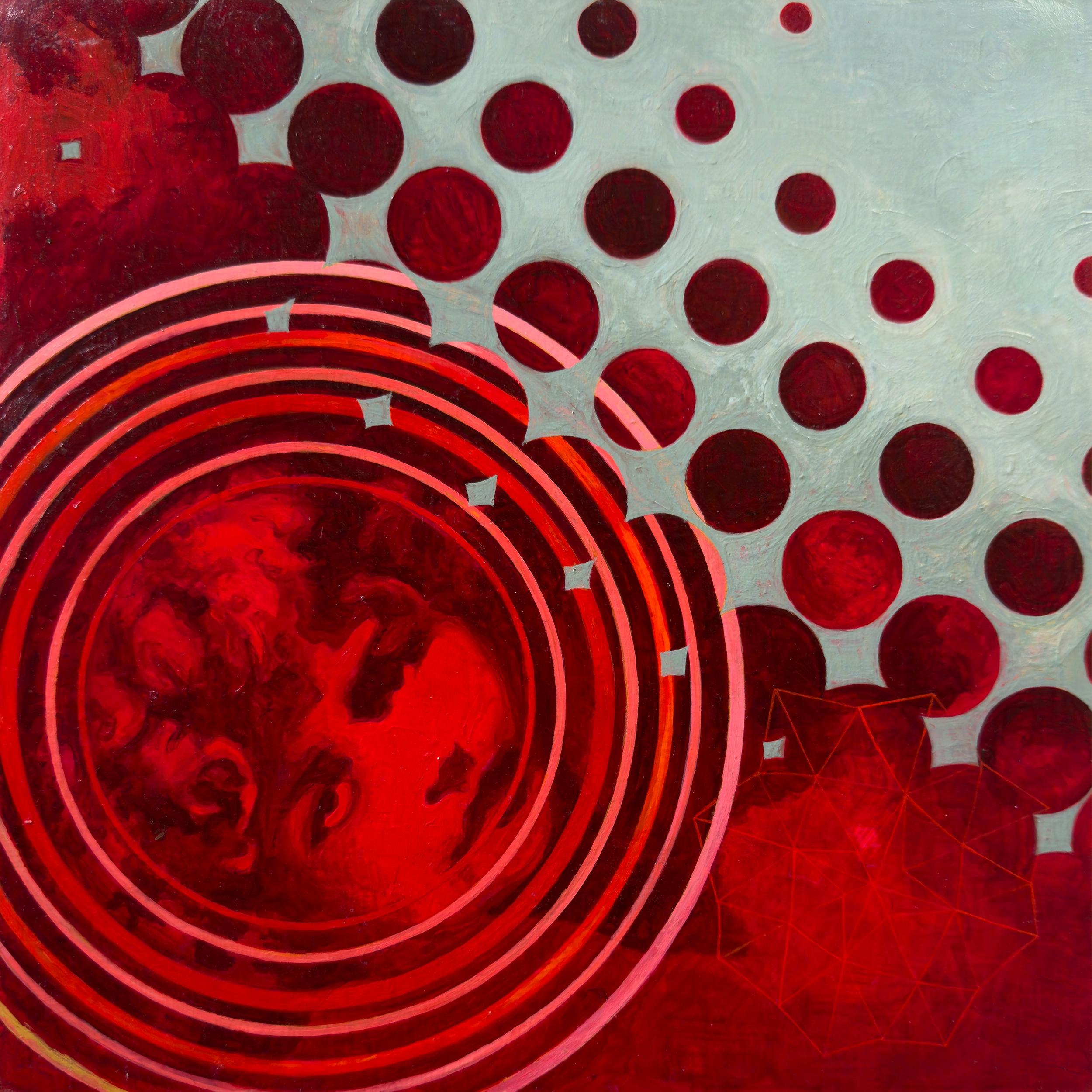 Sandra Cohen Portrait Painting - “She Cured Herself with Energy Therapy”, Girl, Red, Blue, Gray, Acrylic Painting