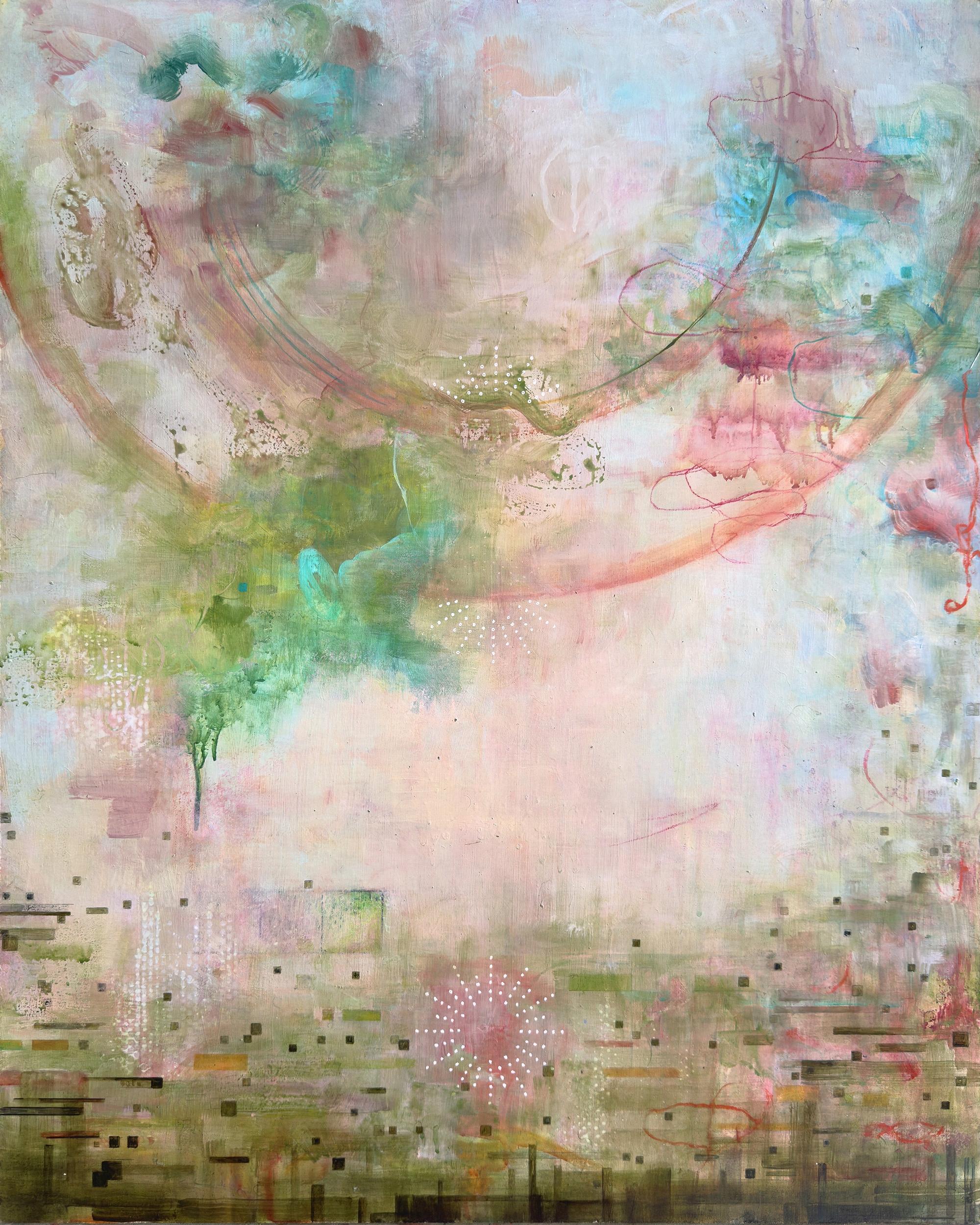 "Someday…", Abstract Landscape Pink Blue Green Star Sky Pixels Acrylic Painting
