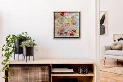 "Super-position S1E1", Abstract Science Circles Yellow Pink Red Acrylic Painting