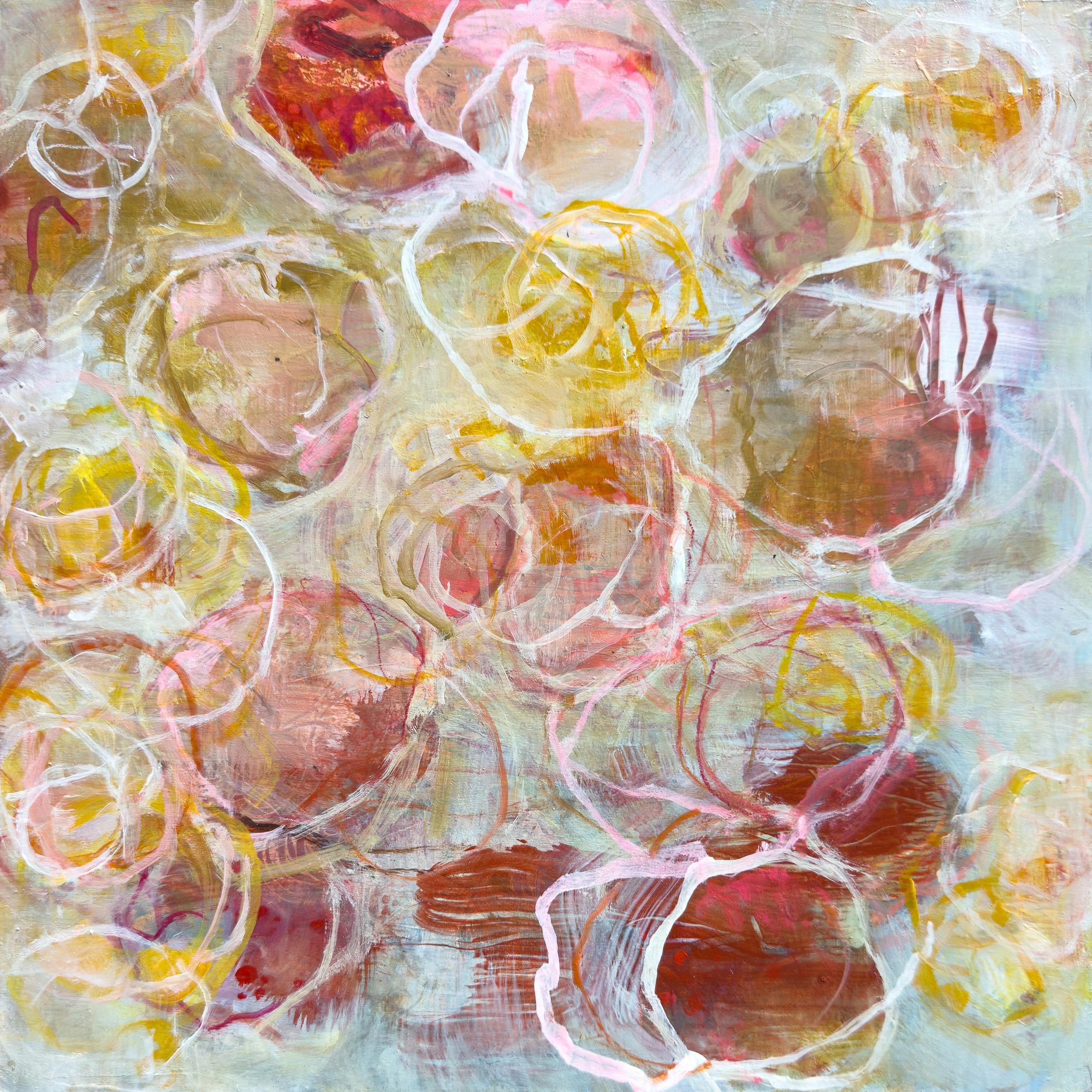 "Super-position S1E1", Abstract Science Circles Yellow Pink Red Acrylic Painting