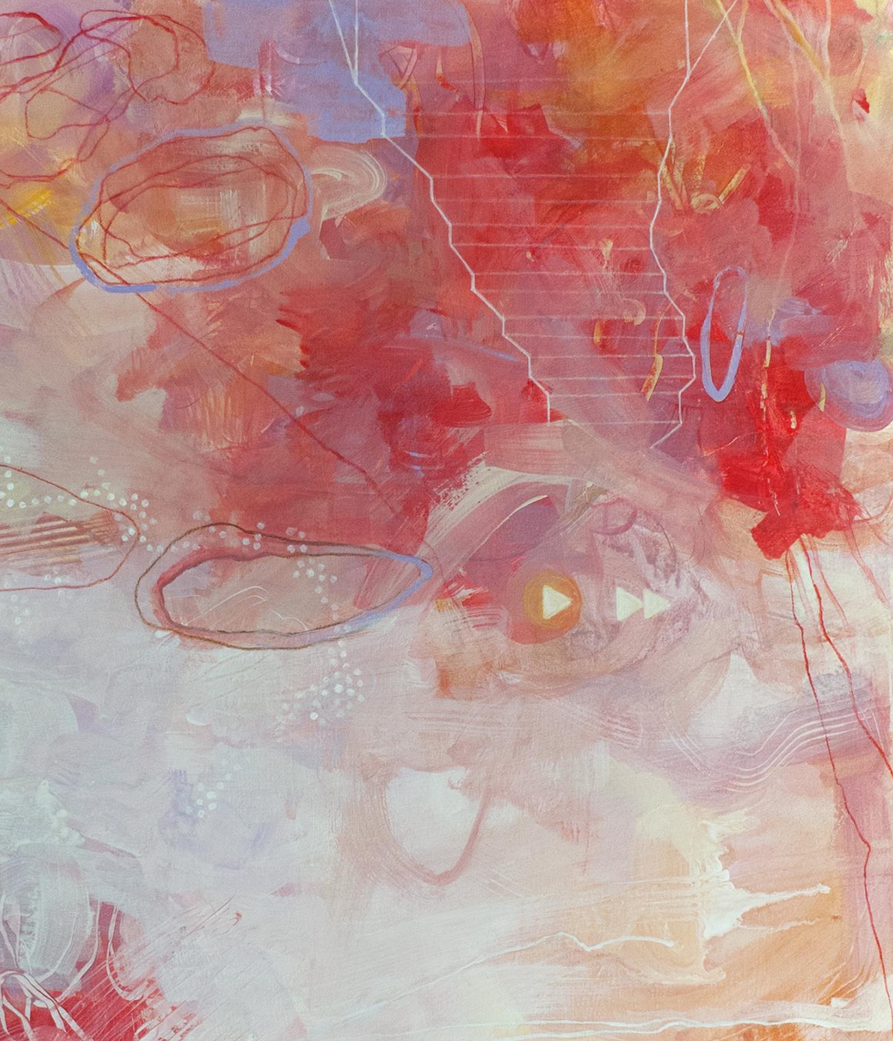 « The Landing », peinture acrylique rouge, orange, jaune, rose, violet, - Painting de Sandra Cohen