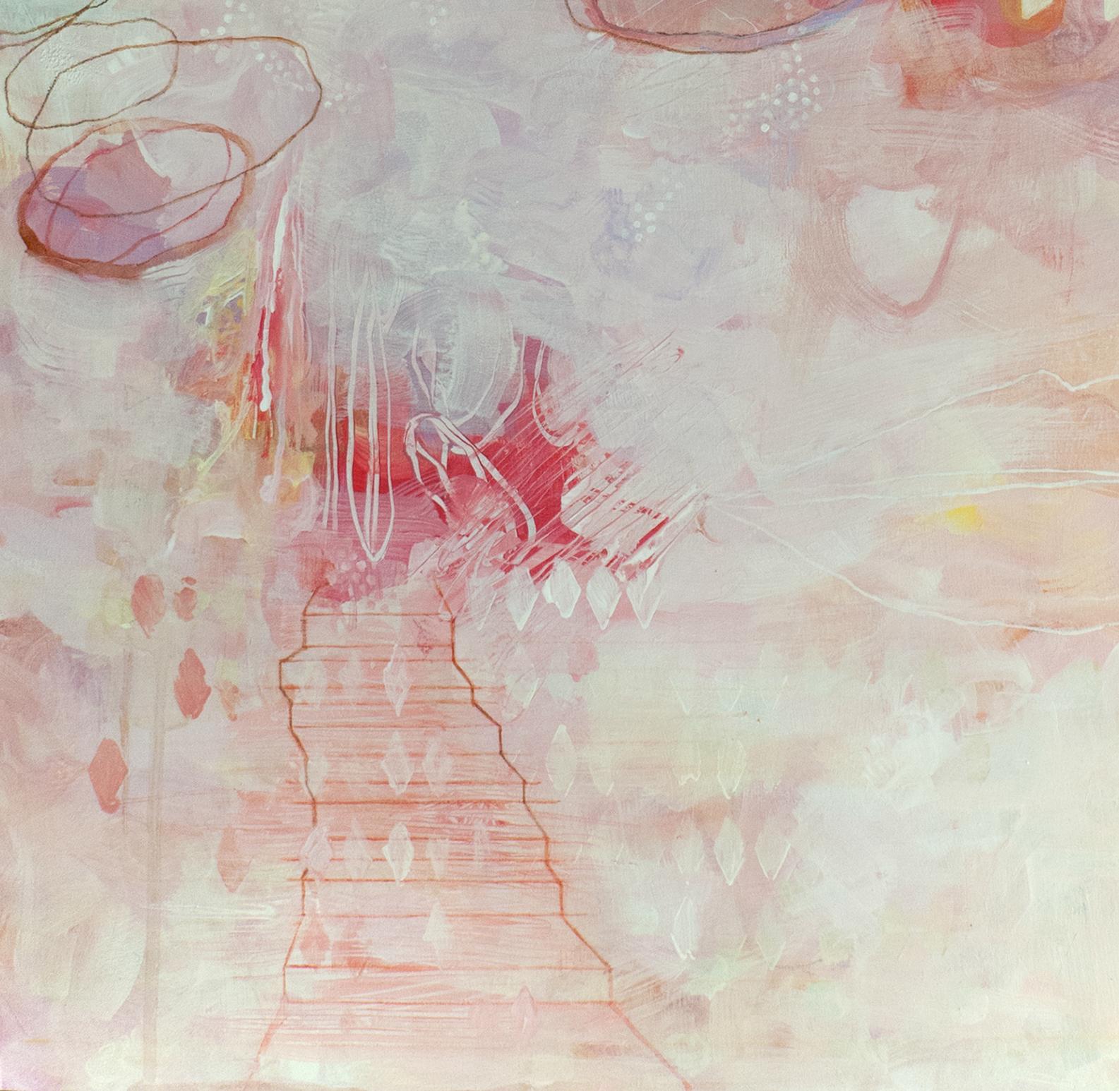 « The Landing », peinture acrylique rouge, orange, jaune, rose, violet, - Abstrait Painting par Sandra Cohen