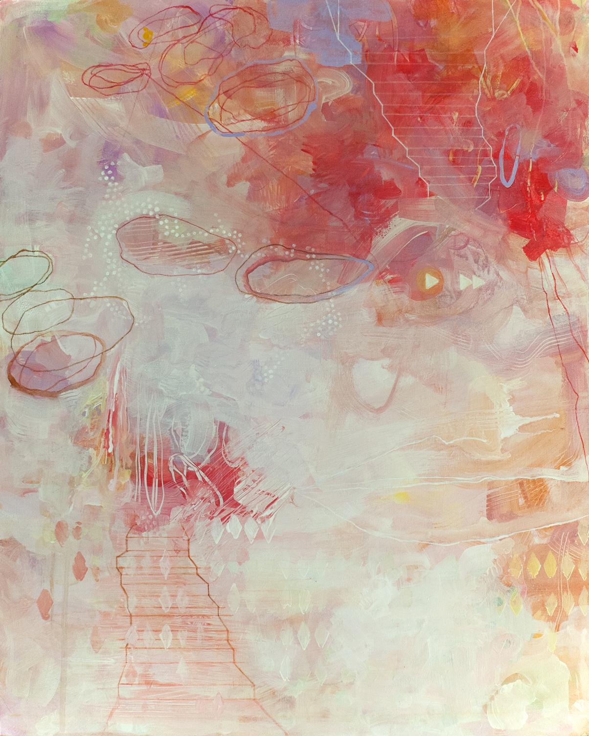 Abstract Painting Sandra Cohen - « The Landing », peinture acrylique rouge, orange, jaune, rose, violet,
