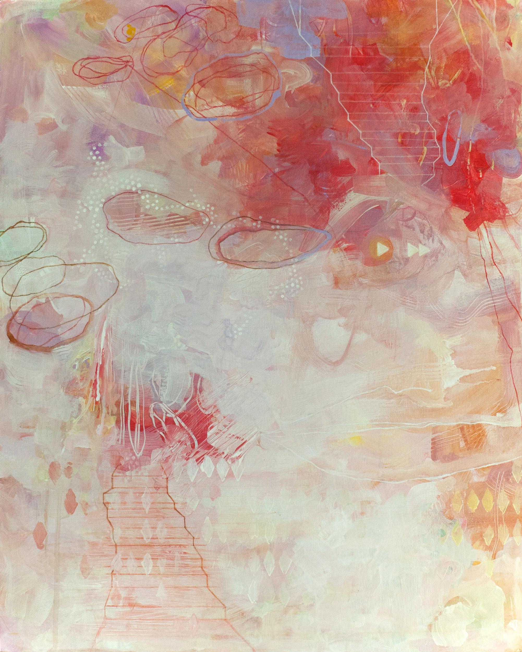 « The Landing », peinture acrylique rouge, orange, jaune, rose, violet,