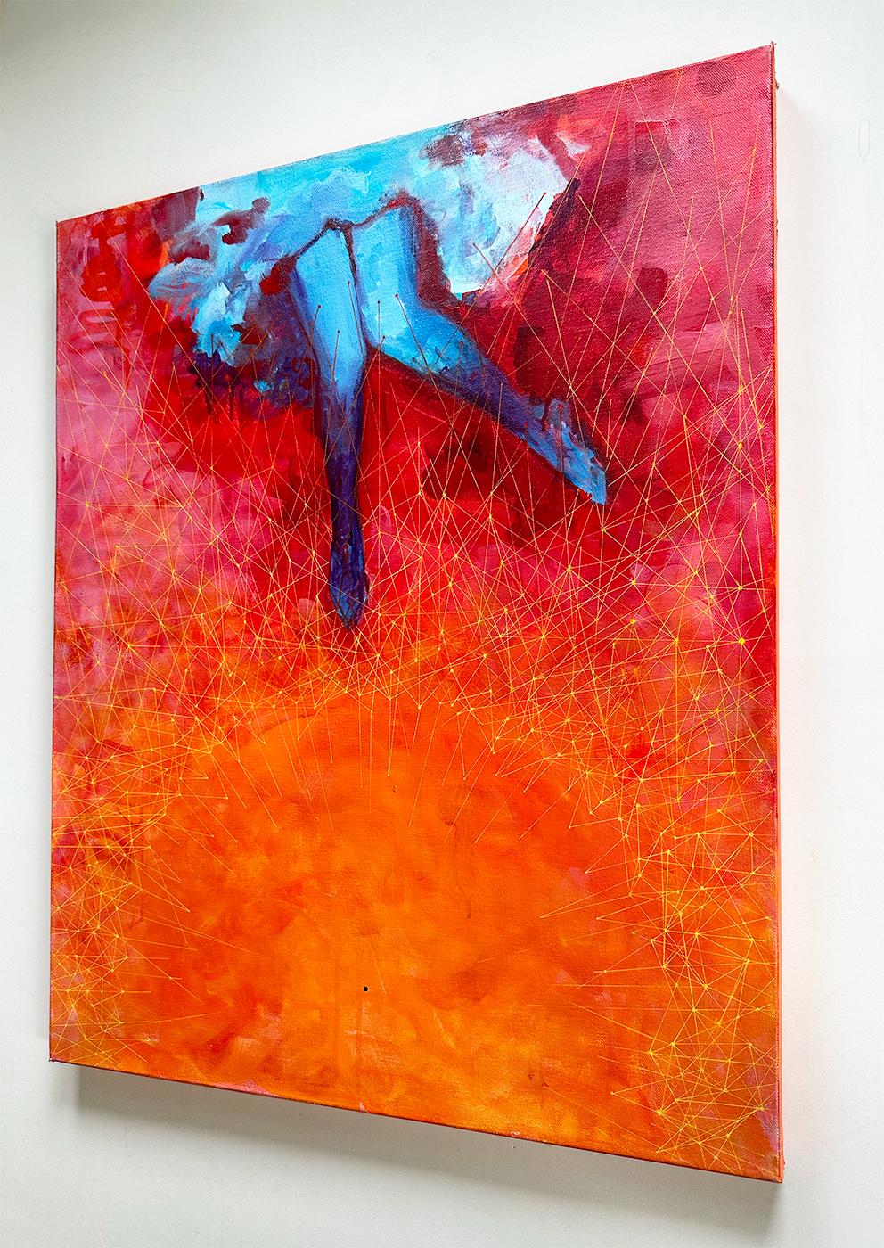 Sandra Cohen's “the Ministry of Magical Thinking” is a 30 x 24 x 1.5 inch acrylic painting on canvas, in bold red, orange, blue, and yellow. A woman dances on the flares of a sun that has a tiny black singularity at its core. The figure and