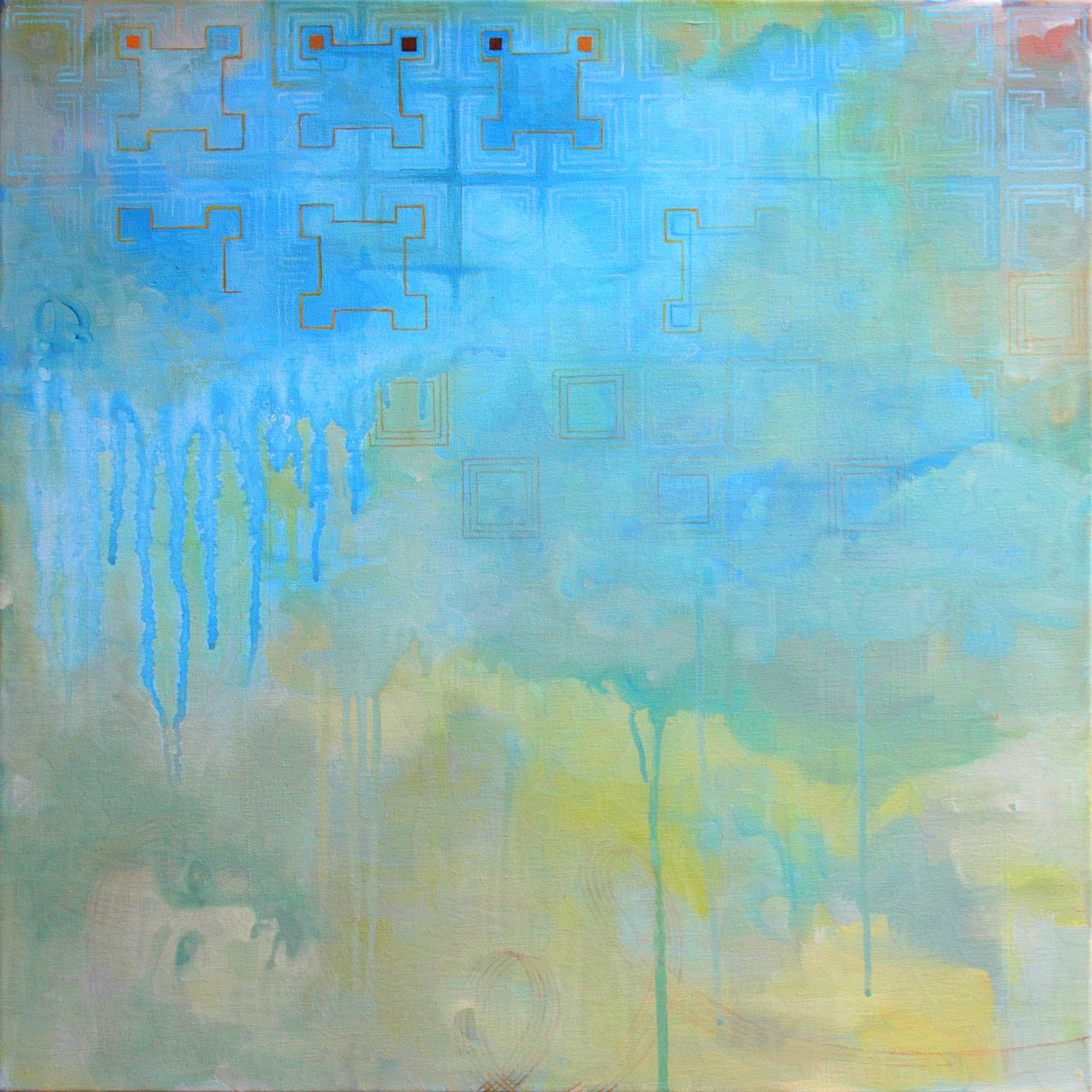 "The Women with the Wacky Woo", contemporain, bleu, jaune, peinture acrylique.