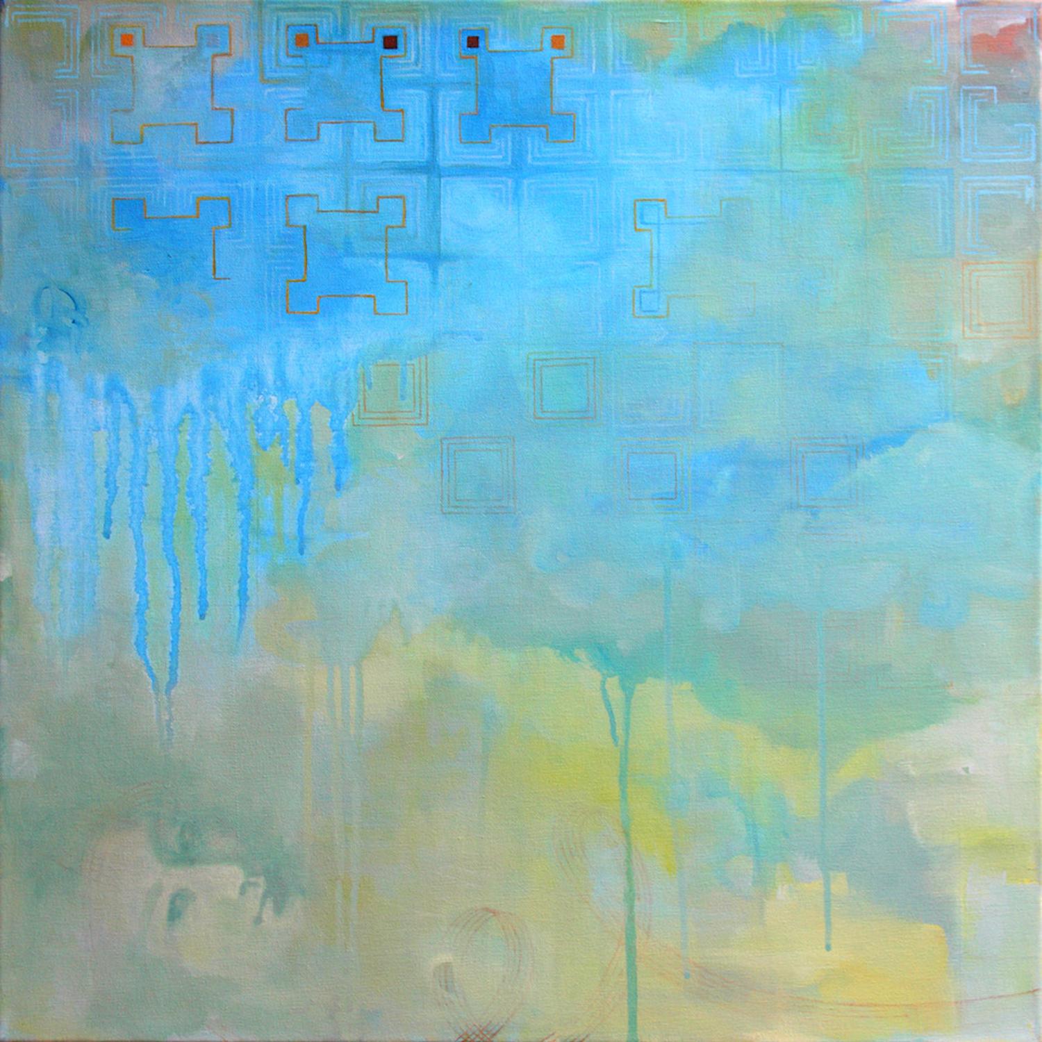 "La mujer del Woo chiflado", pintura acrílica contemporánea, azul y amarilla - Painting de Sandra Cohen