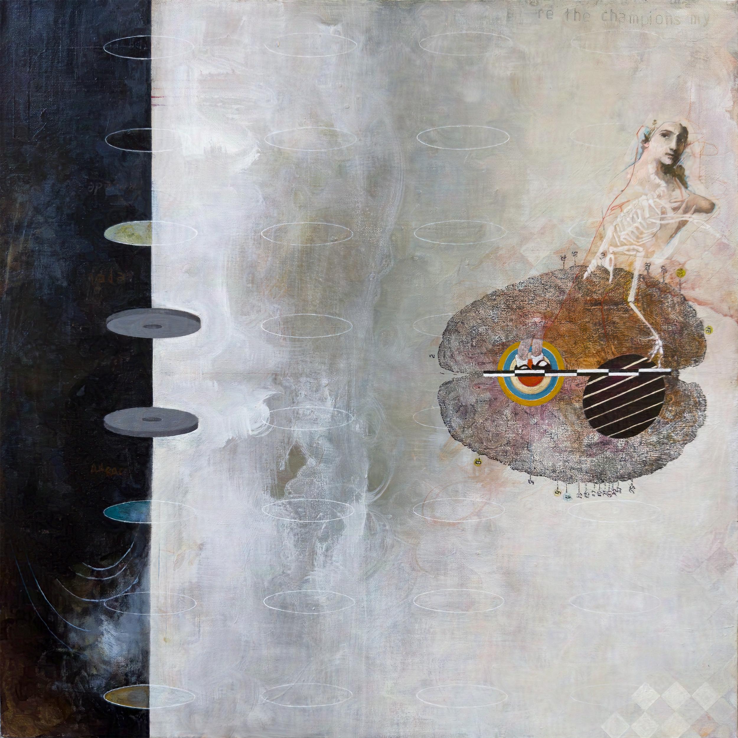 “Third-wheel Ghost”, Contemporary, Gray, Black, Bird, Woman, Acrylic Painting - Mixed Media Art de Sandra Cohen