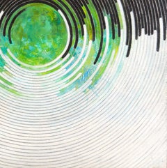 Peinture acrylique, abstraite, géométrique, verte, bleue, noire, argentée, 2024